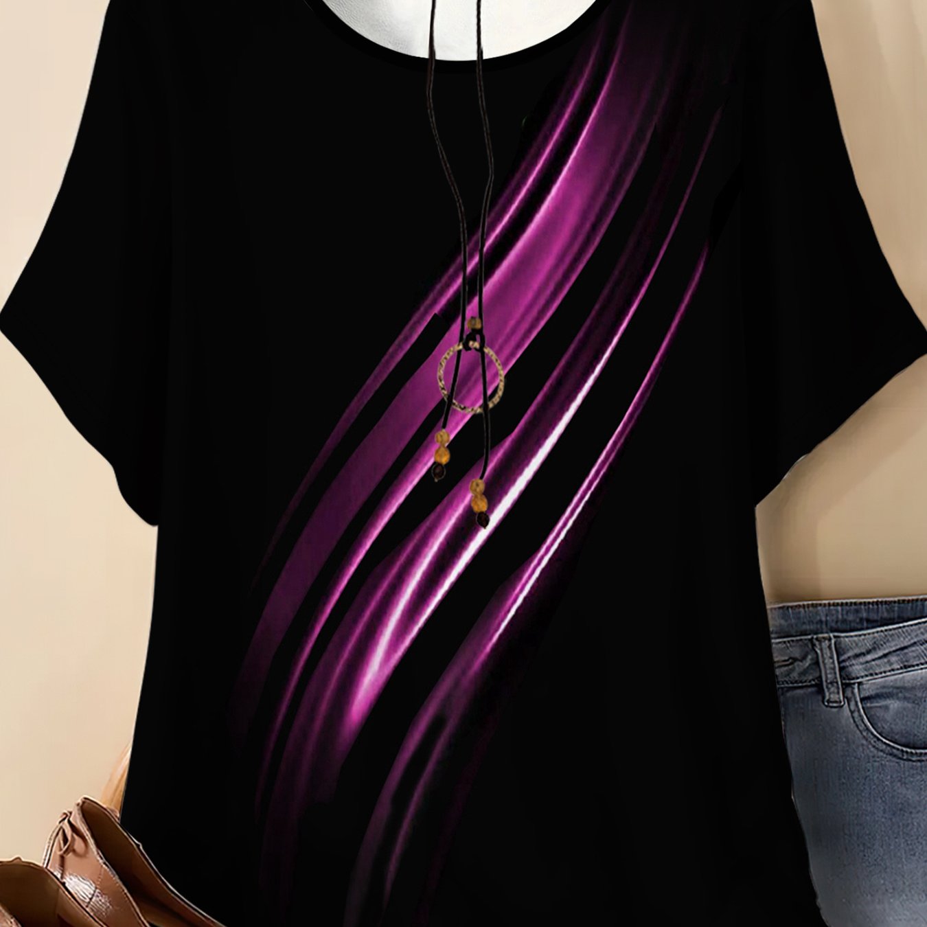 TEMU Plus Size Women's Casual Athletic T-shirt, Base With Ribbon , Western Retro Style, Western Niche Style, Fashionable Elegant Round Neck Design,