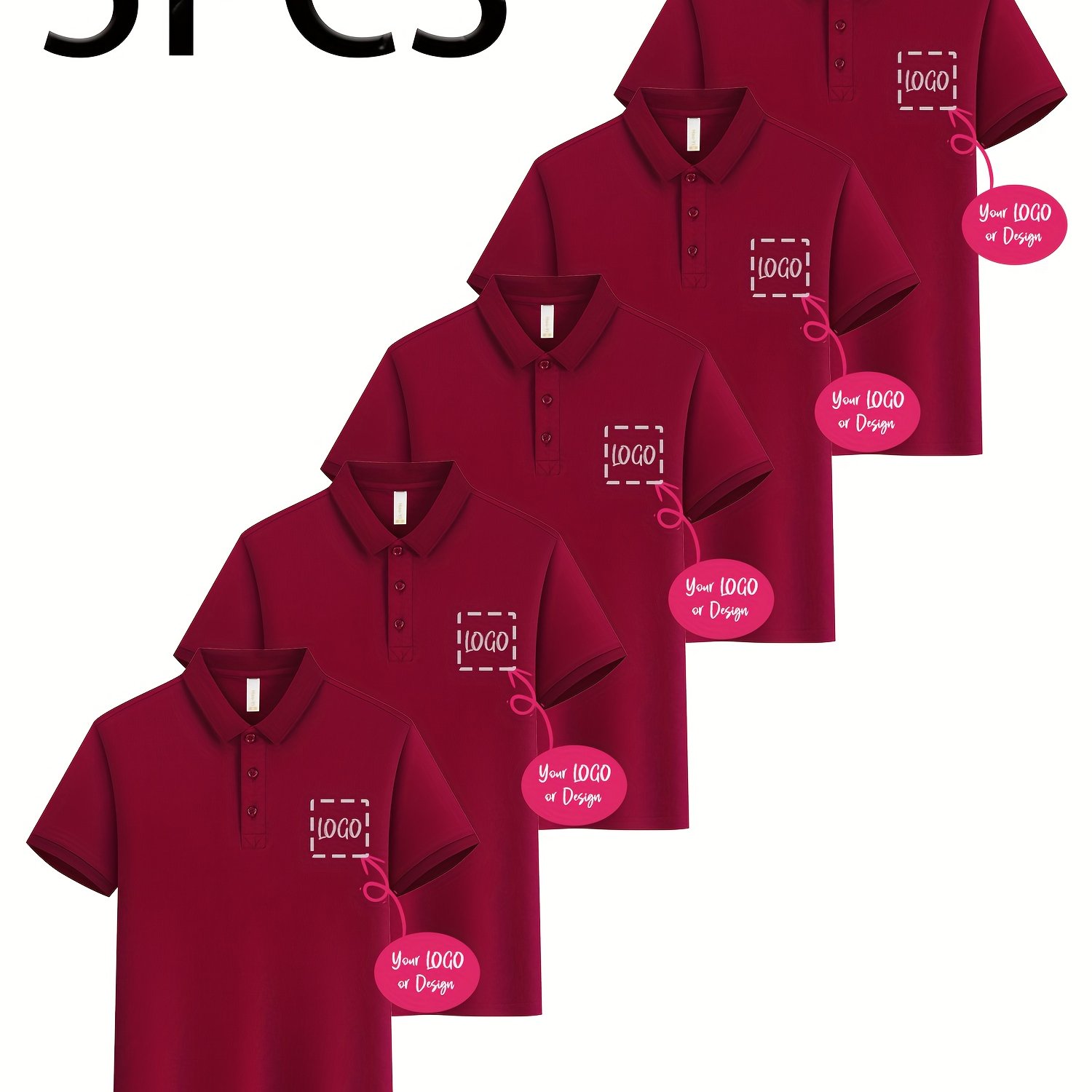 TEMU Customized Left Chest Logo 5pcs, From, Summer Short Sleeve Shirt, Men's Golf Autumn Shirt, Unisex Outdoor Sports Short Sleeve Lapel Top,