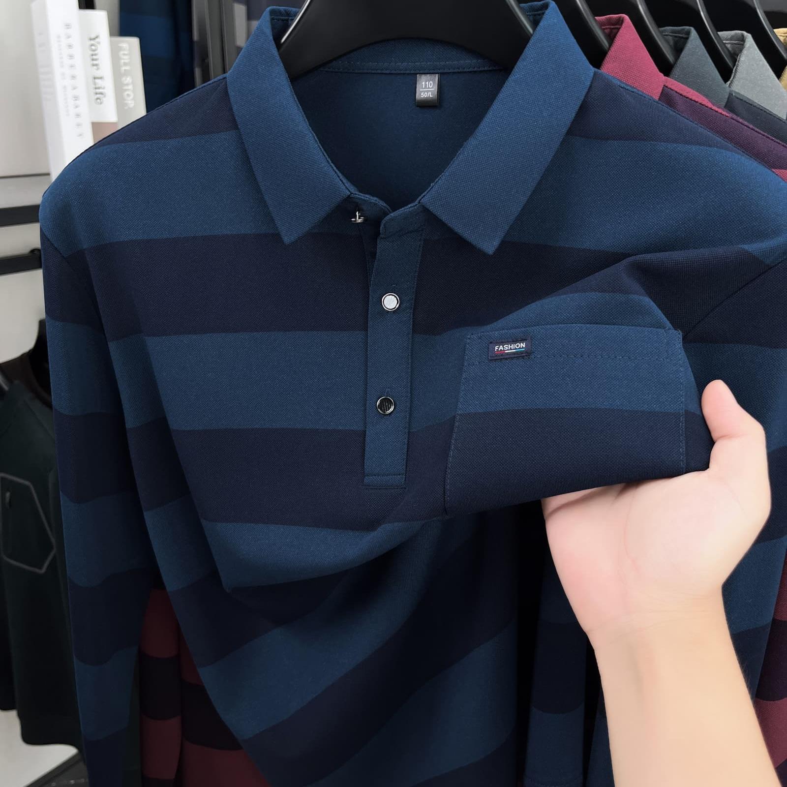 TEMU /autumn Lapel Long Sleeve Chunky Stripe Color Block T-shirt For Men, Middle-aged Dad's Loose With Pockets