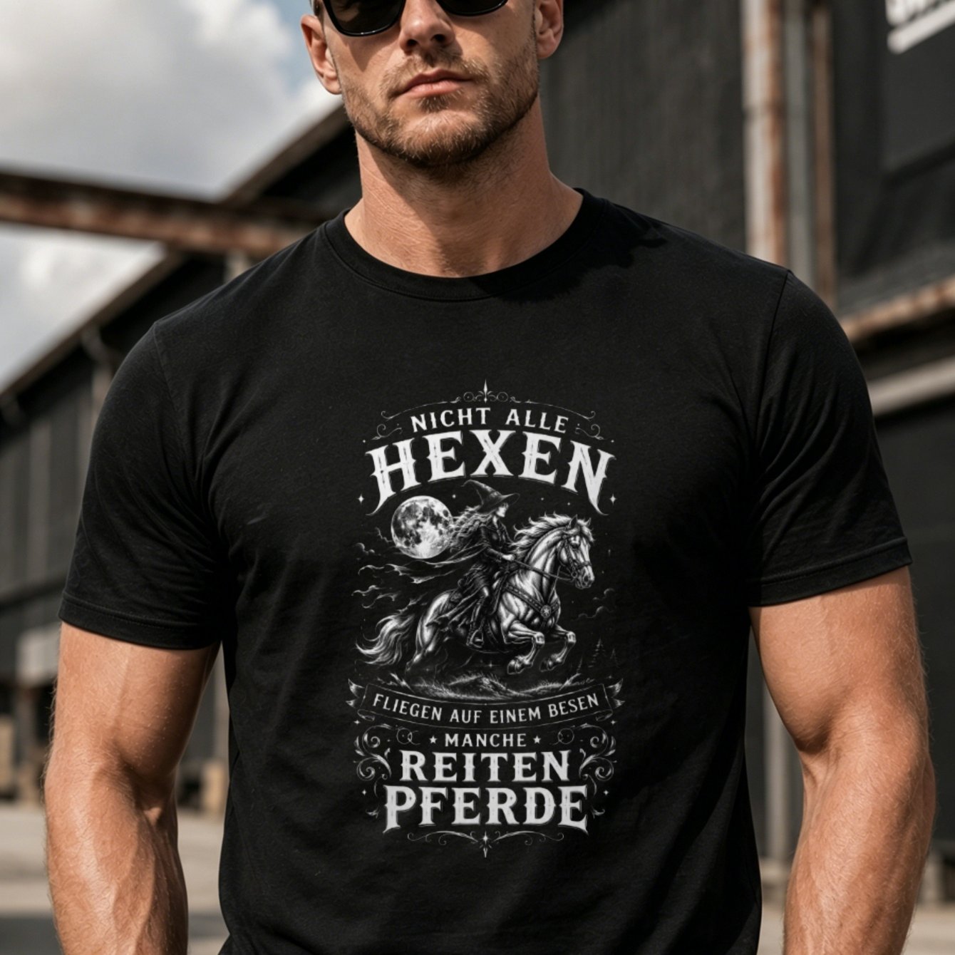 Image of Men's Gothic Equestrian T-shirt - Nicht Alle Hexen Reiten Pferde Print, Loose Fit Round Neck Casual Shirt With , Suitable For Themed Events & Casual Attire