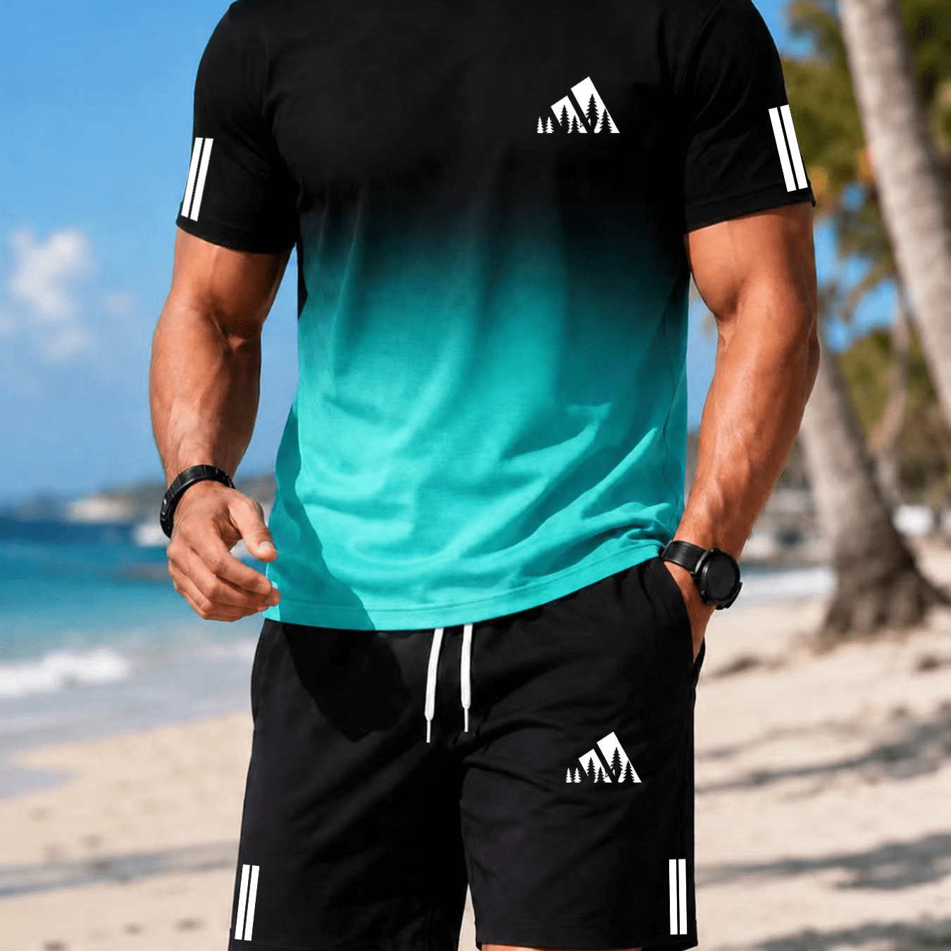 TEMU Men's 3d Gradient Short Sleeve Geometric Pattern Print Fitness Running Casual Summer Beach Leisure Sportswear Set