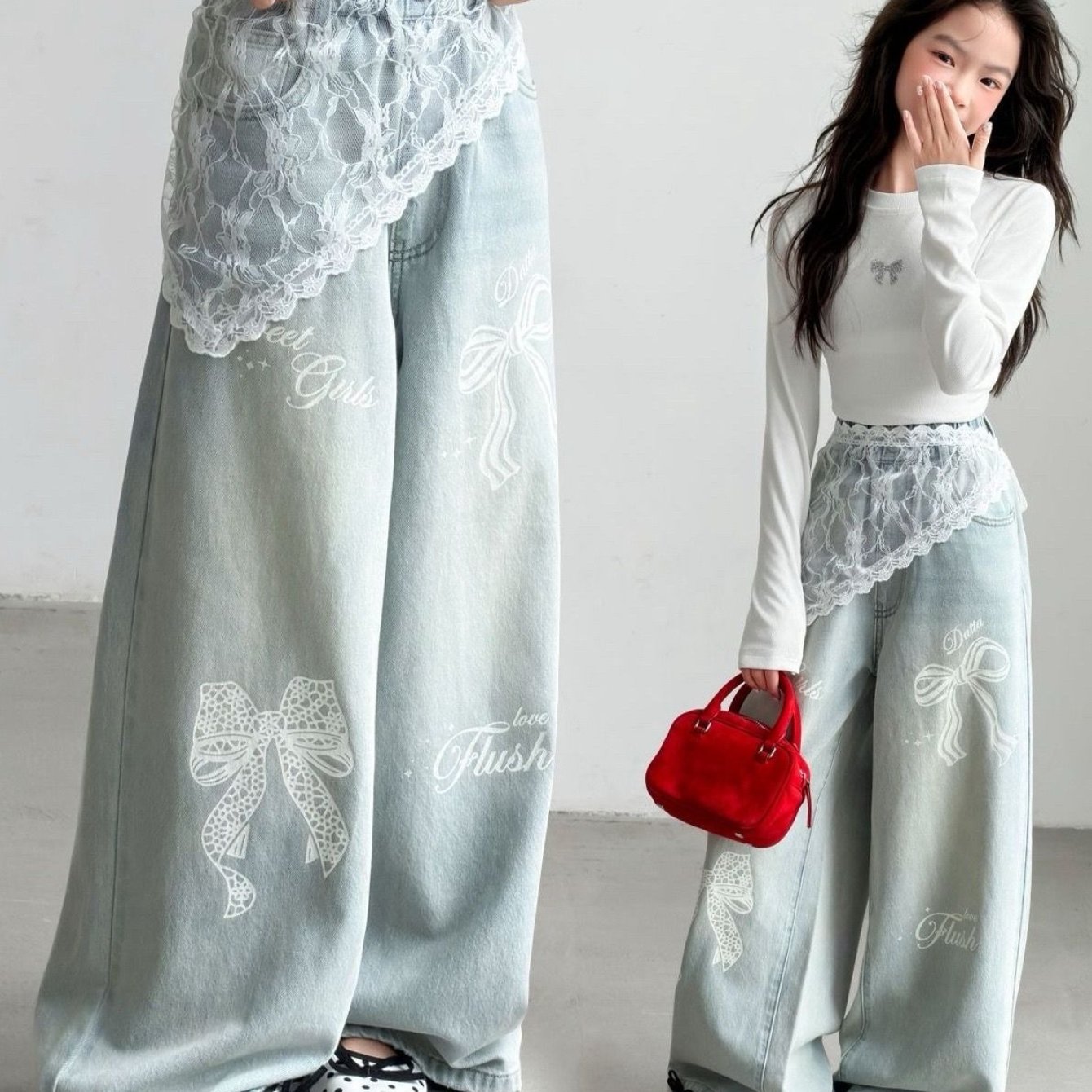 Image of Girls' Jeans Spring Autumn Vintage Bow Lace Trim Washed Straight Leg Pants For Big Kids, Casual Everyday Denim Trousers, Versatile Retro Style