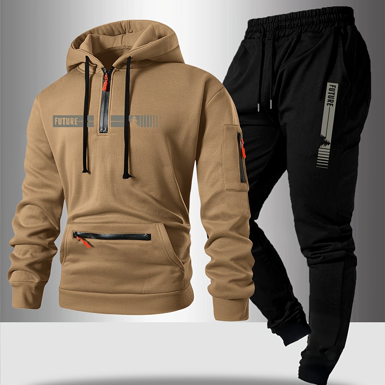 TEMU Ensemble 2 pièces pour homme : Sweatshirt chaud doublé avec poche à cordon de serrage imprimée, design sweat à capuche demi-zip avec chaîne