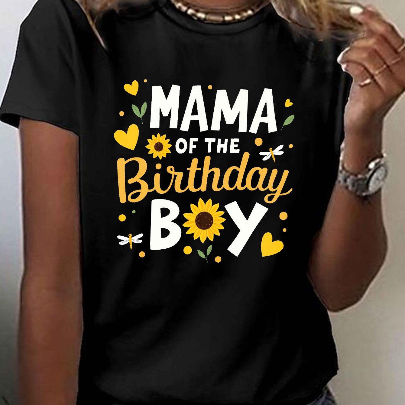 TEMU Mama Of The Birthday Print T-shirt, Short Sleeve Crew Neck Casual Top For Summer & Spring, Women's Clothing