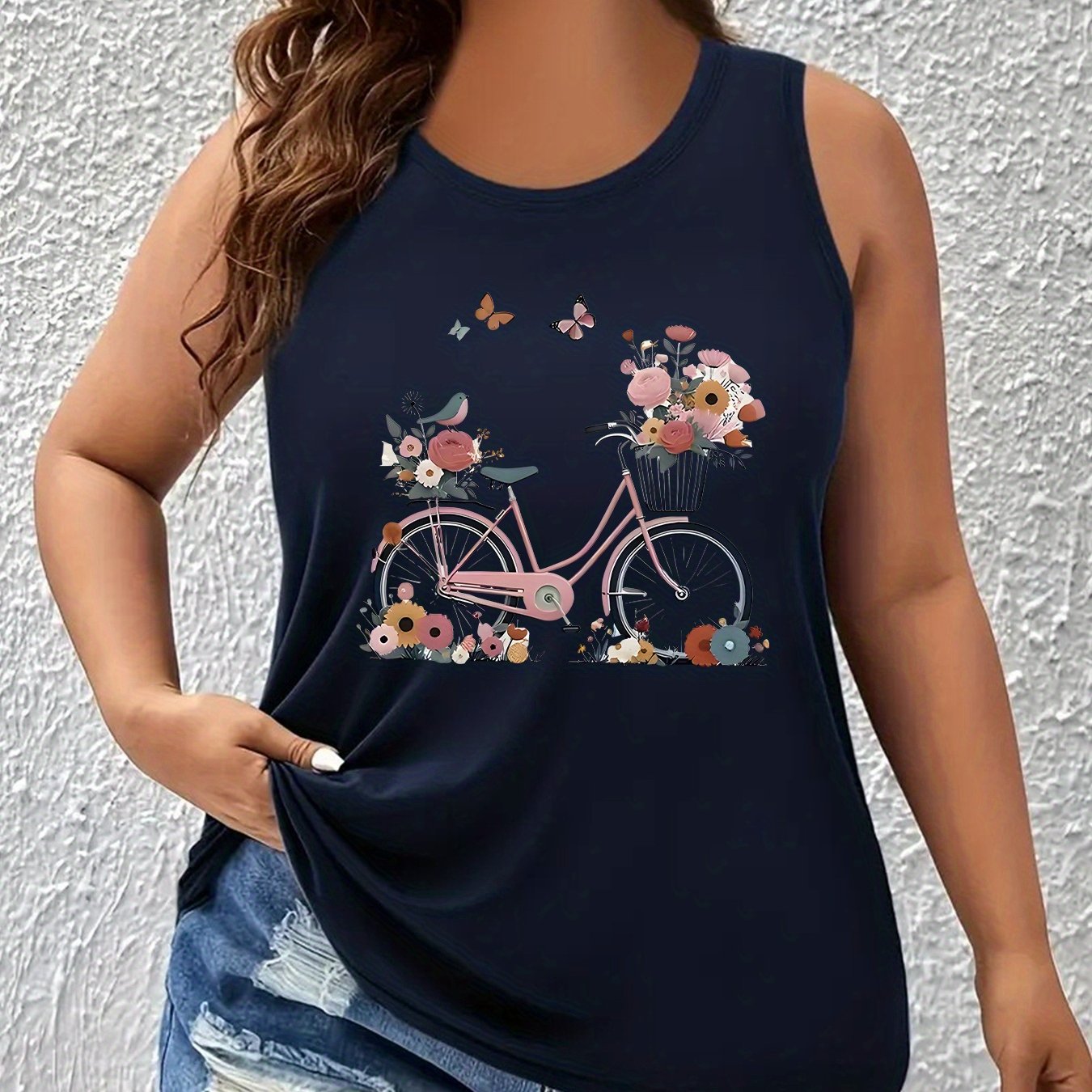 TEMU Women's Plus Size Floral Print Tank Top - Sleeveless, Round Neck, , Light Stretch Fabric, Wear, With Bicycle Illustration, Casual Wear Top|