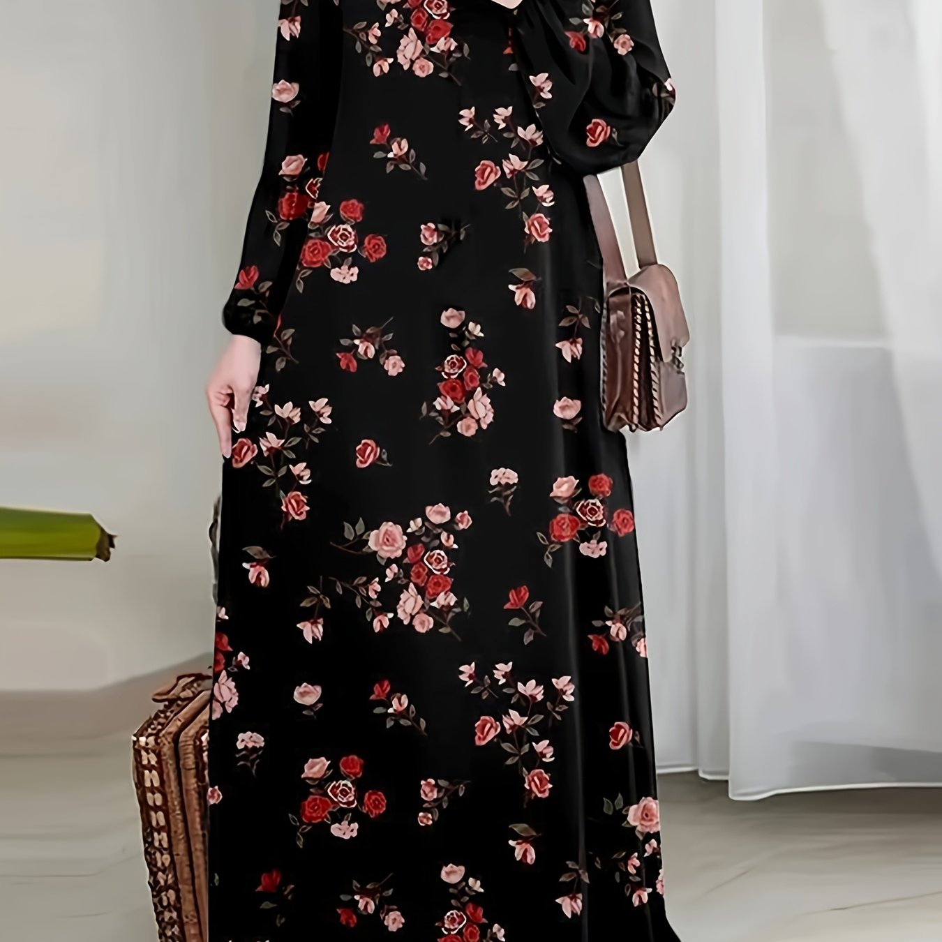 TEMU 2026 , Women's Robe, Loose Fit, Casual Fashion, Traditional Style, Floral Pattern, Suitable For Easy Long Sleeve Floral Long Dress, , (headscarf