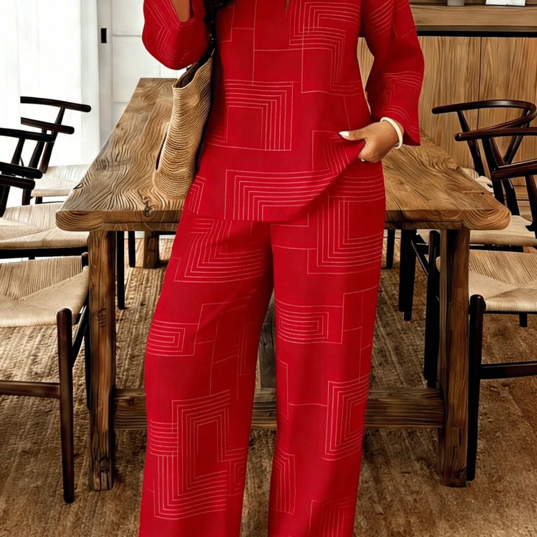 TEMU Two-piece New European And Suit, Loose Fit For Daily Wear, Small V-neck Top With Casual Pants, Women's Outfit
