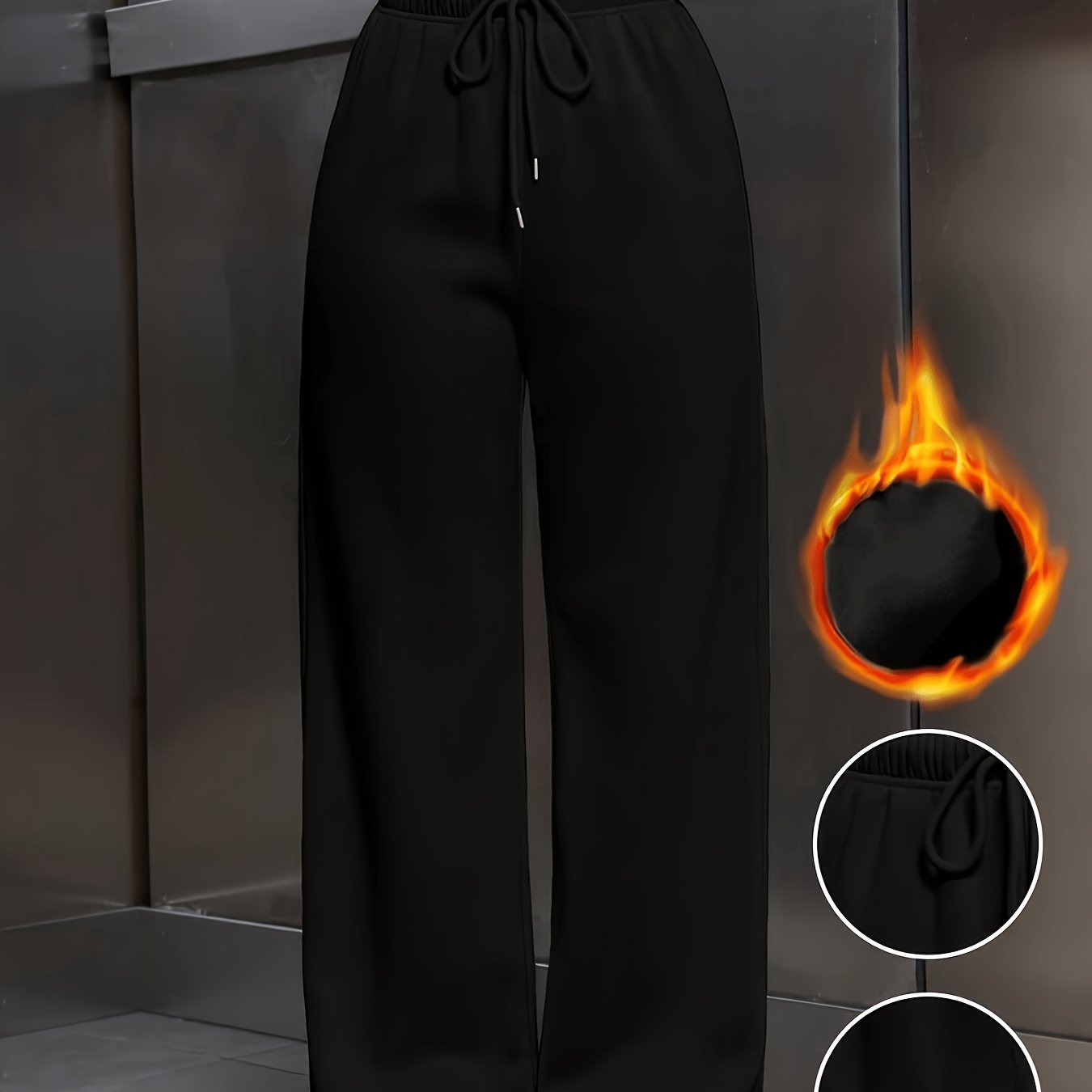 TEMU Pantalon de survêtement grande taille pour femme, doublé, à jambes larges pour automne/hiver, taille haute, drapé pour un effet, coupe ample,