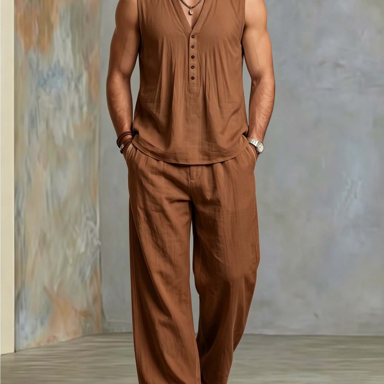 Summer Men's Set Sleeveless V-neck Henley Button Shirt Loose Wide-leg Pants 2pcs Casual Outfit