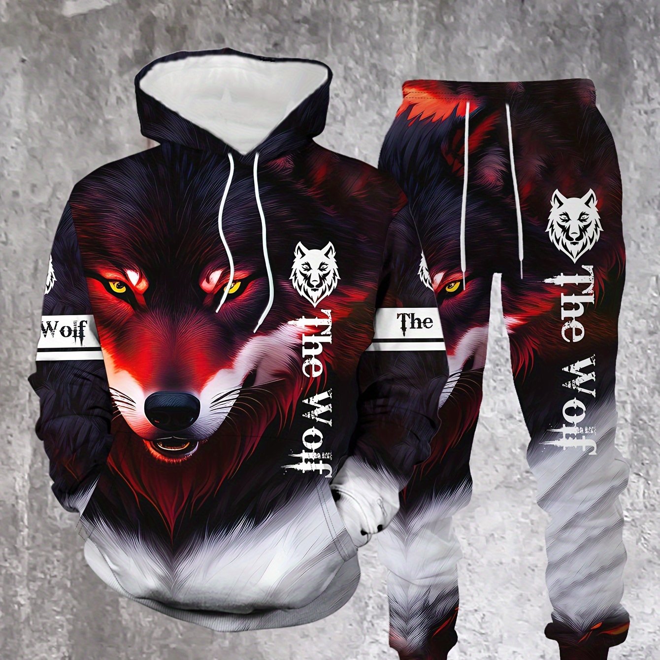 Red Dominant Wolf Pattern Personality Fashion Comfortable Men's Spring/autumn Long Sleeve Casual Sweatshirt Set