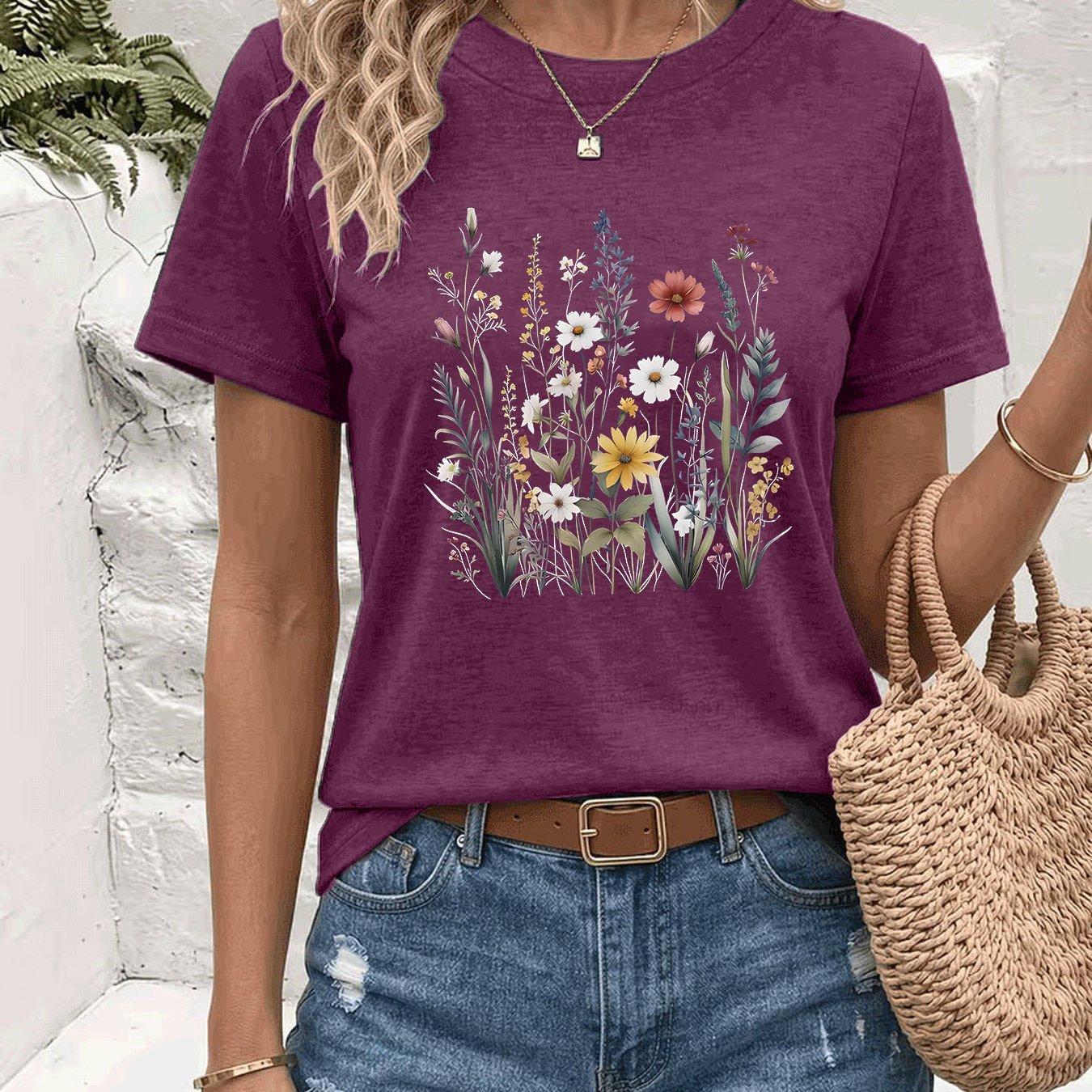 TEMU Plus Size - Women's Fashion Spring Summer New Women's Clothing, Watercolor Multicolor Combination Print Top, Morandi Casual Short Sleeve, Gentle