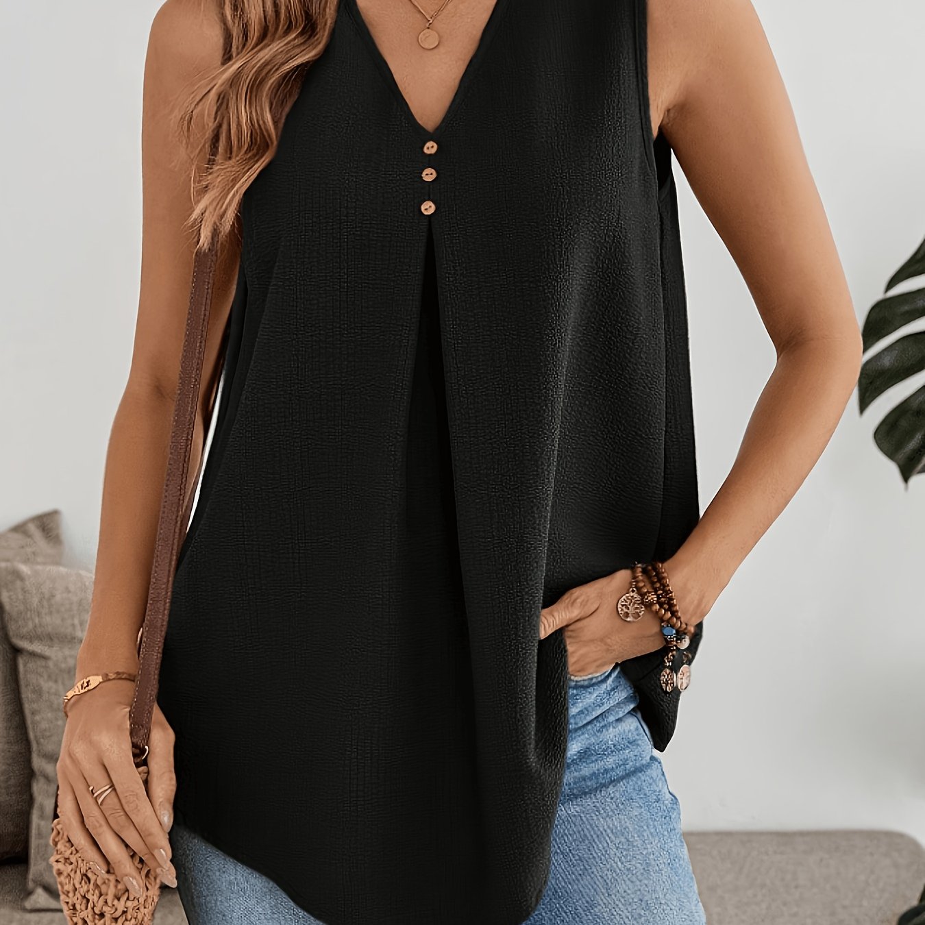 TEMU Women's V-neck Shirt, Casual Sleeveless Button-detail Loose Top, Spring/summer Women's Clothing