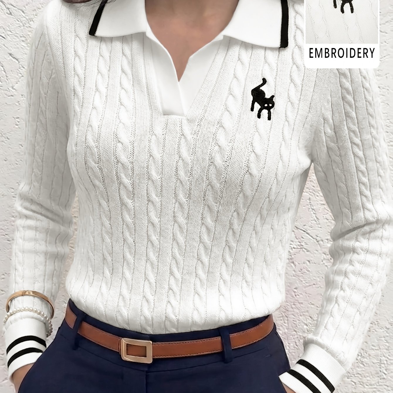 TEMU Women's Neck Kitten Embroidery Twill Long Sleeve Top Pb-1879