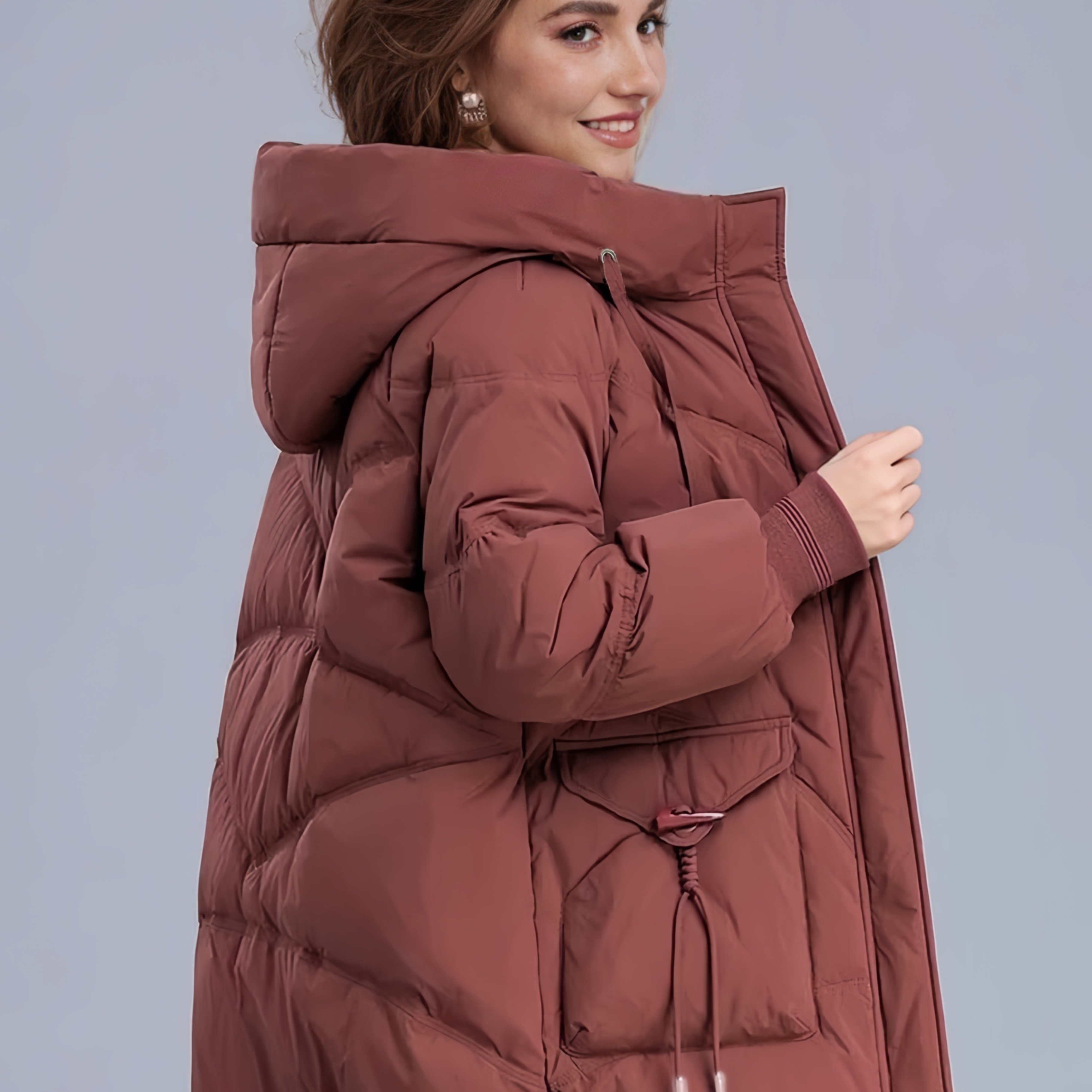 E-shop Herbst/Winter Elegante Damenjacke mit Kapuze in mittlerer Länge für den Pendelverkehr mit großen , Reißverschluss, Steppmantel-Optik,