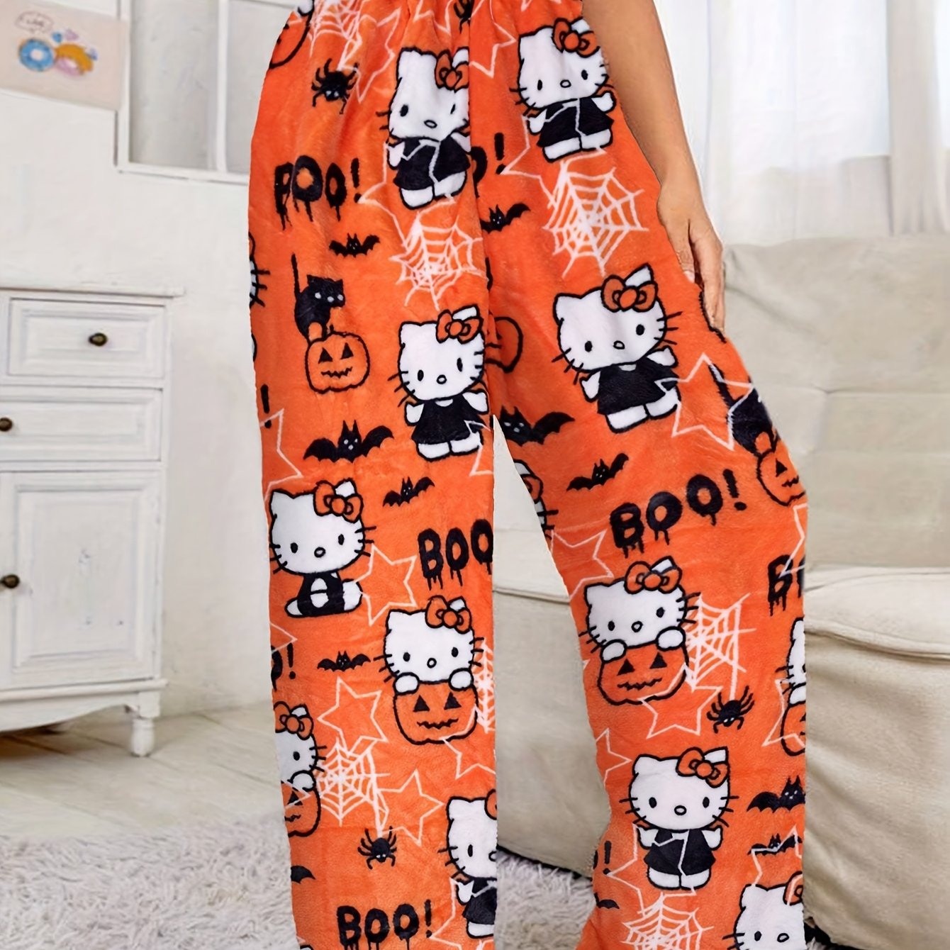 Hello Kitty Plus Size Autumn/winter Fleece-lined Thickened Warm Printed Casual Long Pajama Pants