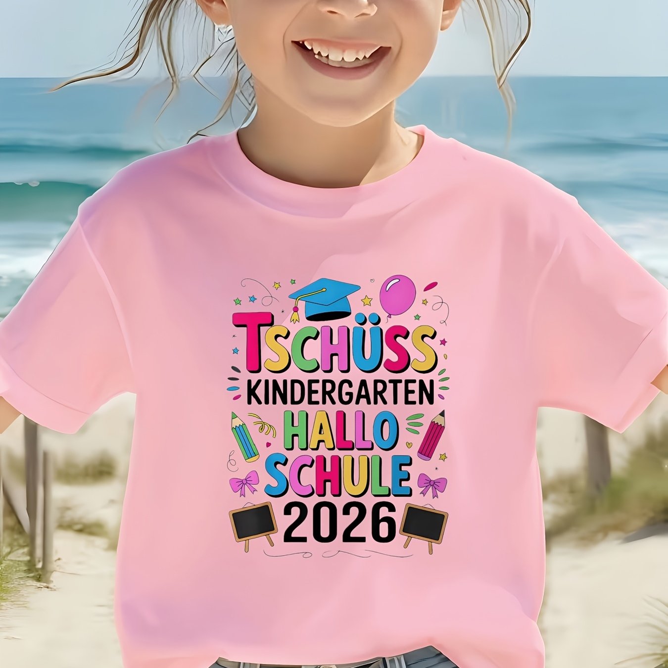 Image of To Kindergarten, Welcome 2026 School T-shirt - Cute Kawaii School With Pencil Pattern, Short-sleeved Round Neck Top For Boys And Girls, For Day Of School