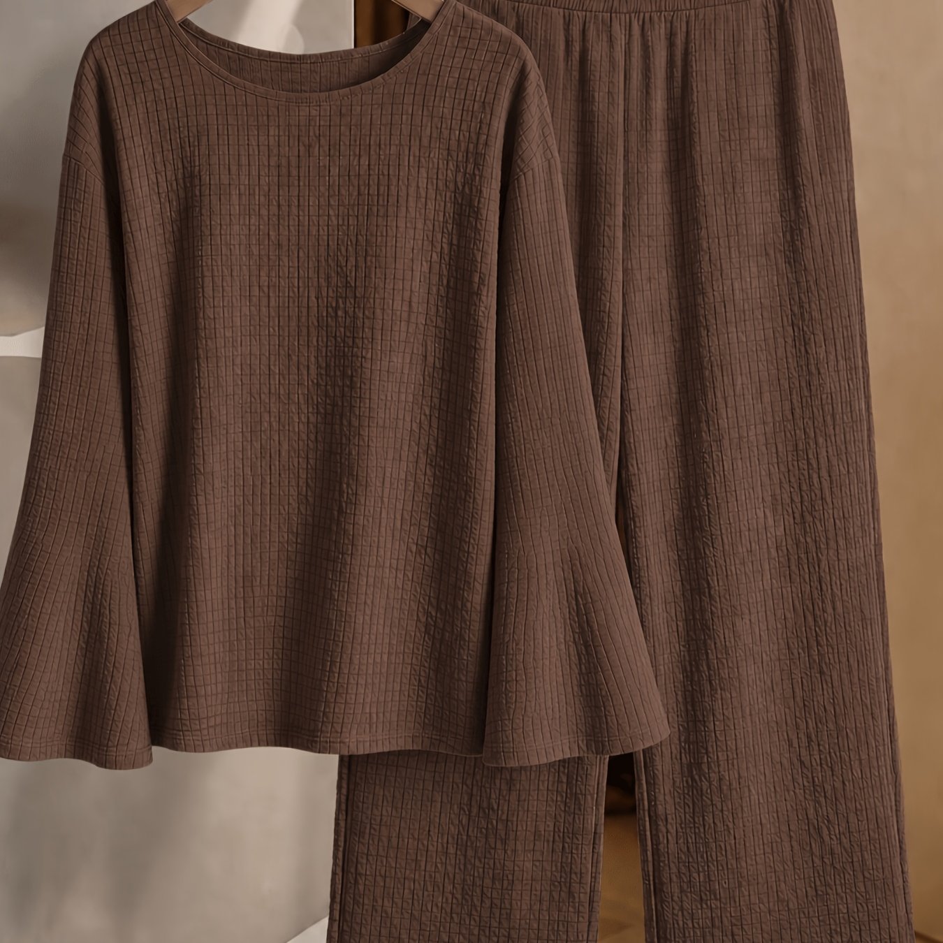 TEMU Light North Women's Long Flared Sleeve Shirt And Straight Pants 2pcs Set, Autumn/winter Ensemble, Versatile