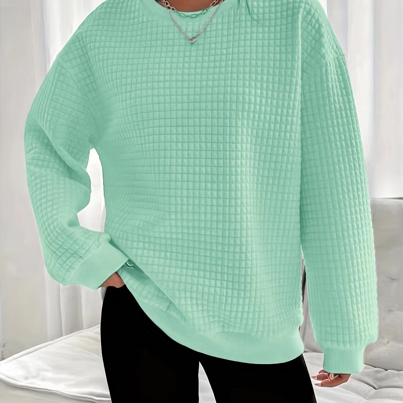 TEMU Autumn New Women's Waffle Long Sleeve Drop Shoulder Relaxed Round Neck Sweater