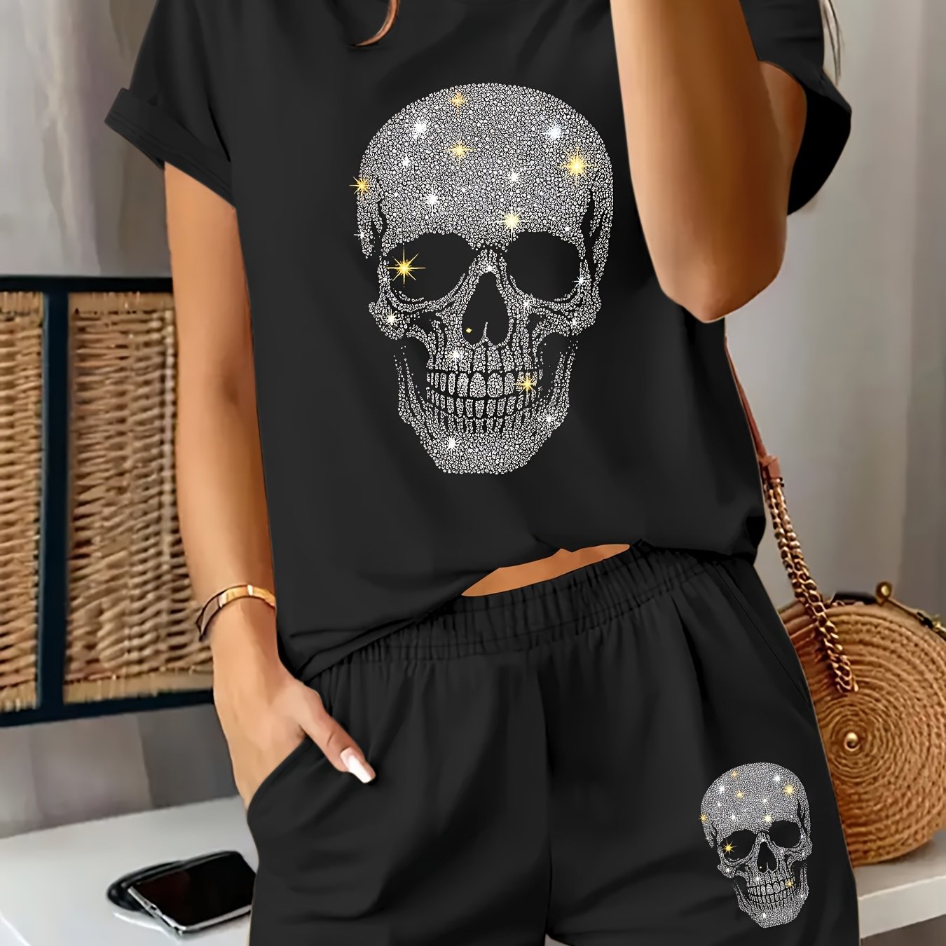 E-shop Sommerliches neues Damen T-Shirt, Strass-Schädel-Musterdruck, lässiges Rundhals-Kurzarm-Top und locker geschnittene Shorts mit Tasche, Damen