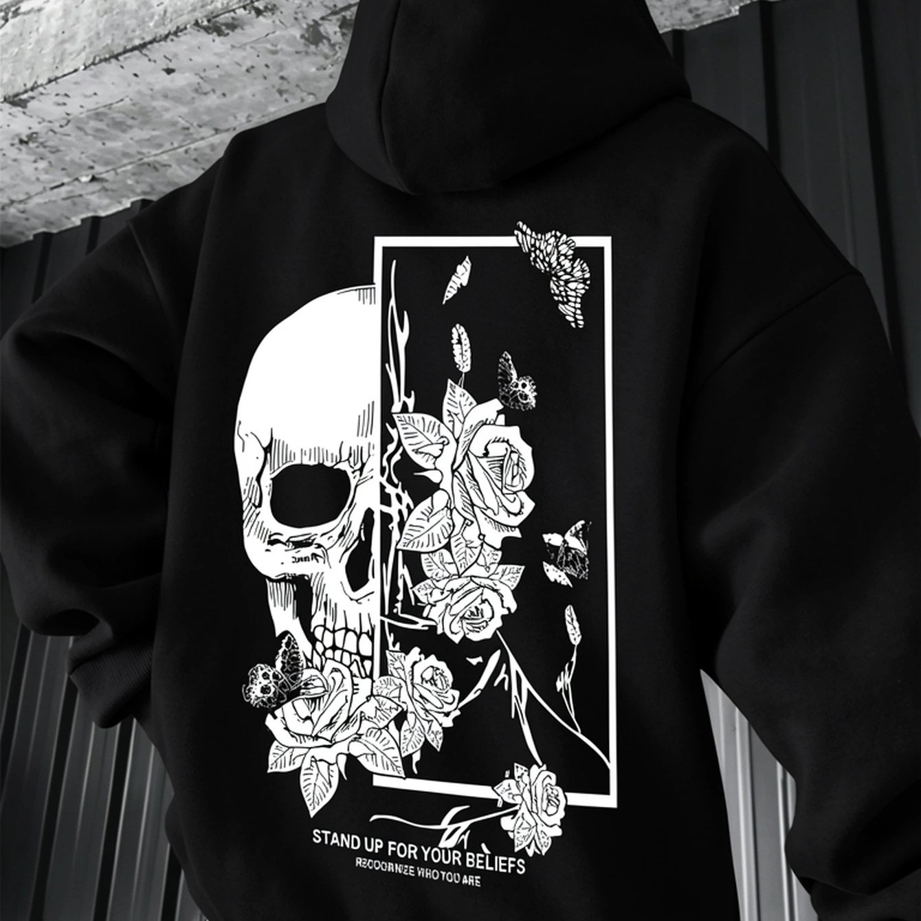 TEMU Men's Gothic Skull & Floral Print Hooded Sweatshirt - Stand Up For Your Beliefs Design, Beige With Black & Skull & Roses, Drawstring Hood,