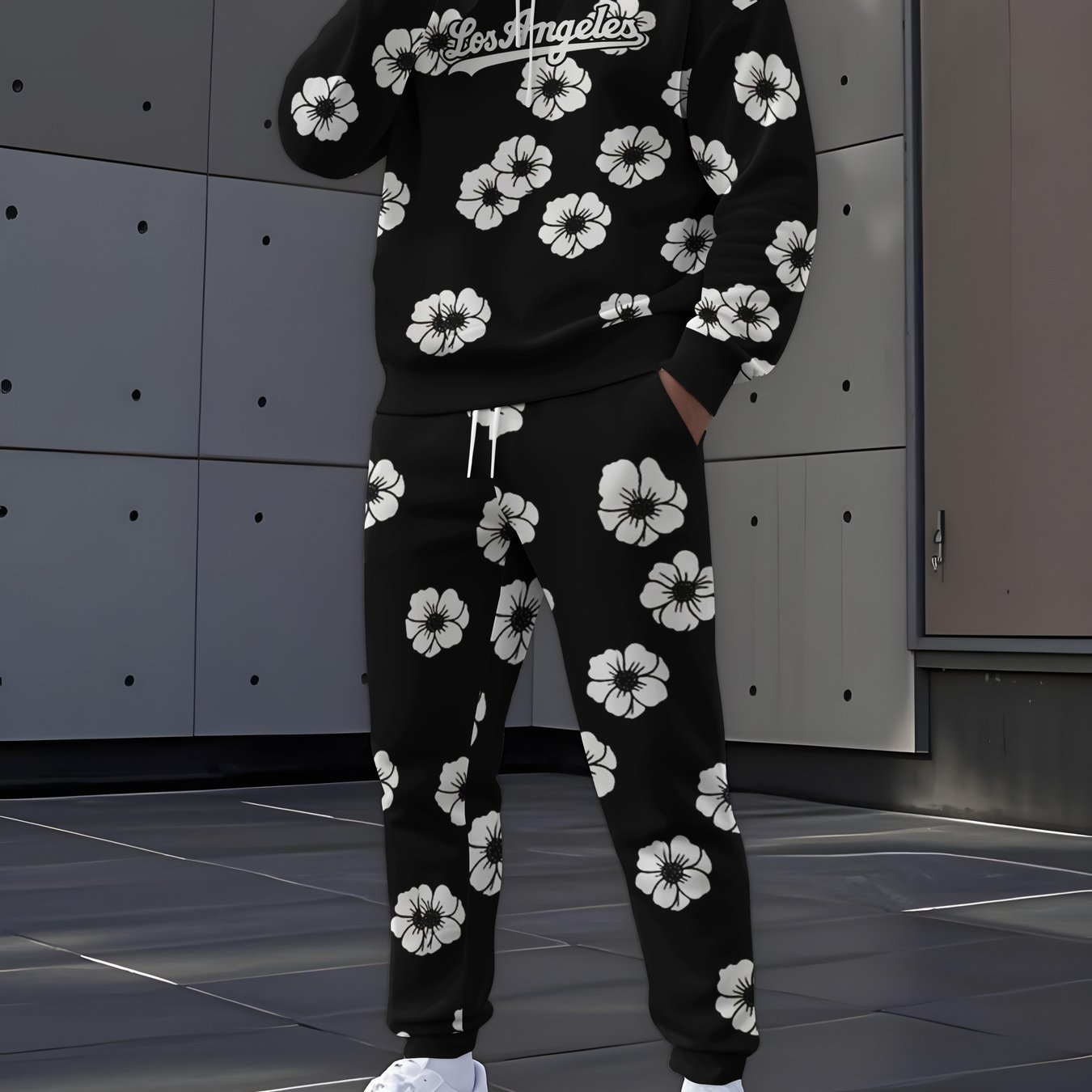 TEMU Men's Trendy Print Hoodie And Long Pants Two-piece Set, Stylish And Casual Sports Outfit With Unique Floral Patterns, Loose And Comfortable For