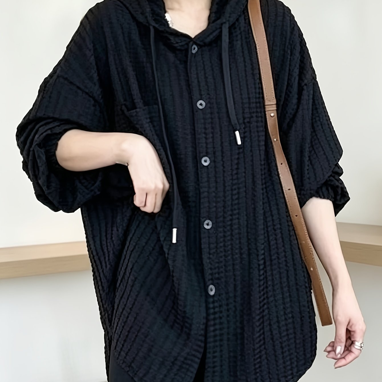 TEMU 【新作】春のスタイル - 縦ストライプのフード付きカーディガン。ボタンデザインは、非常に優雅です。プラスサイズとルーズフィットで、体の不細工を隠し、見た目はスリムで若々しく見えます。春と夏に最適です。