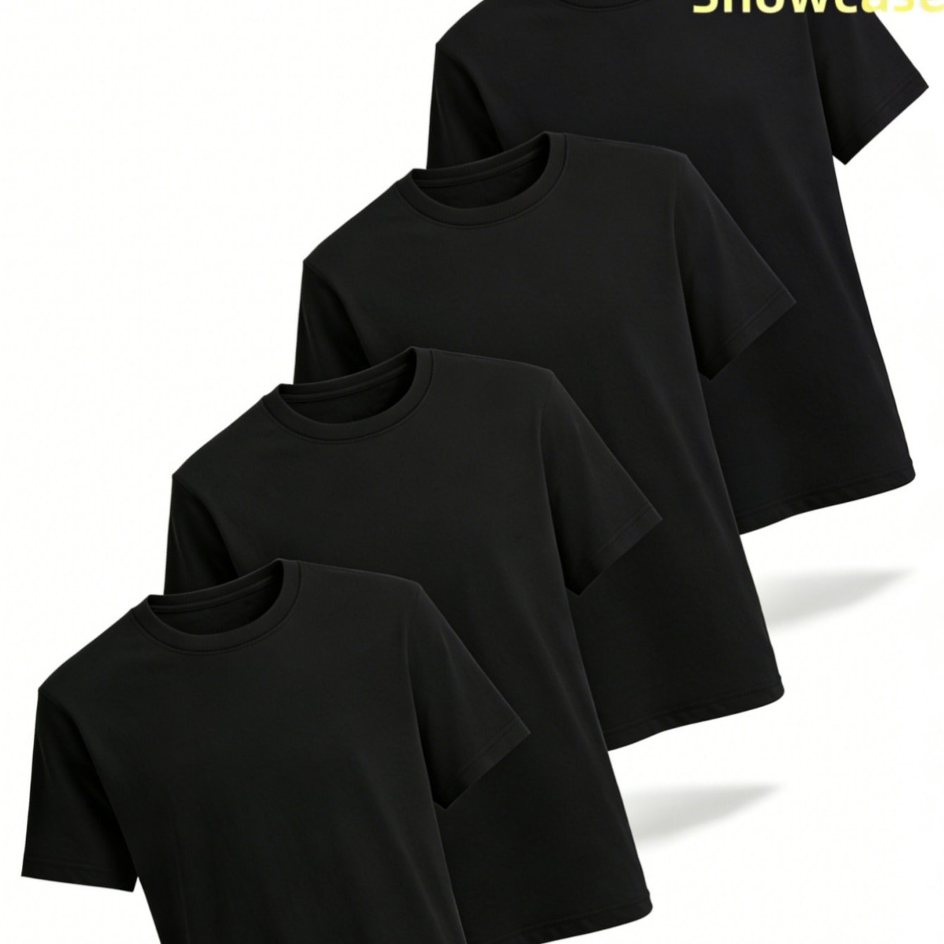 TEMU Black Solid Color Crew Neck T-shirt 4-pack, Stretch Pullover, Casual Uniforms For Team Building, Corporate Events & Party