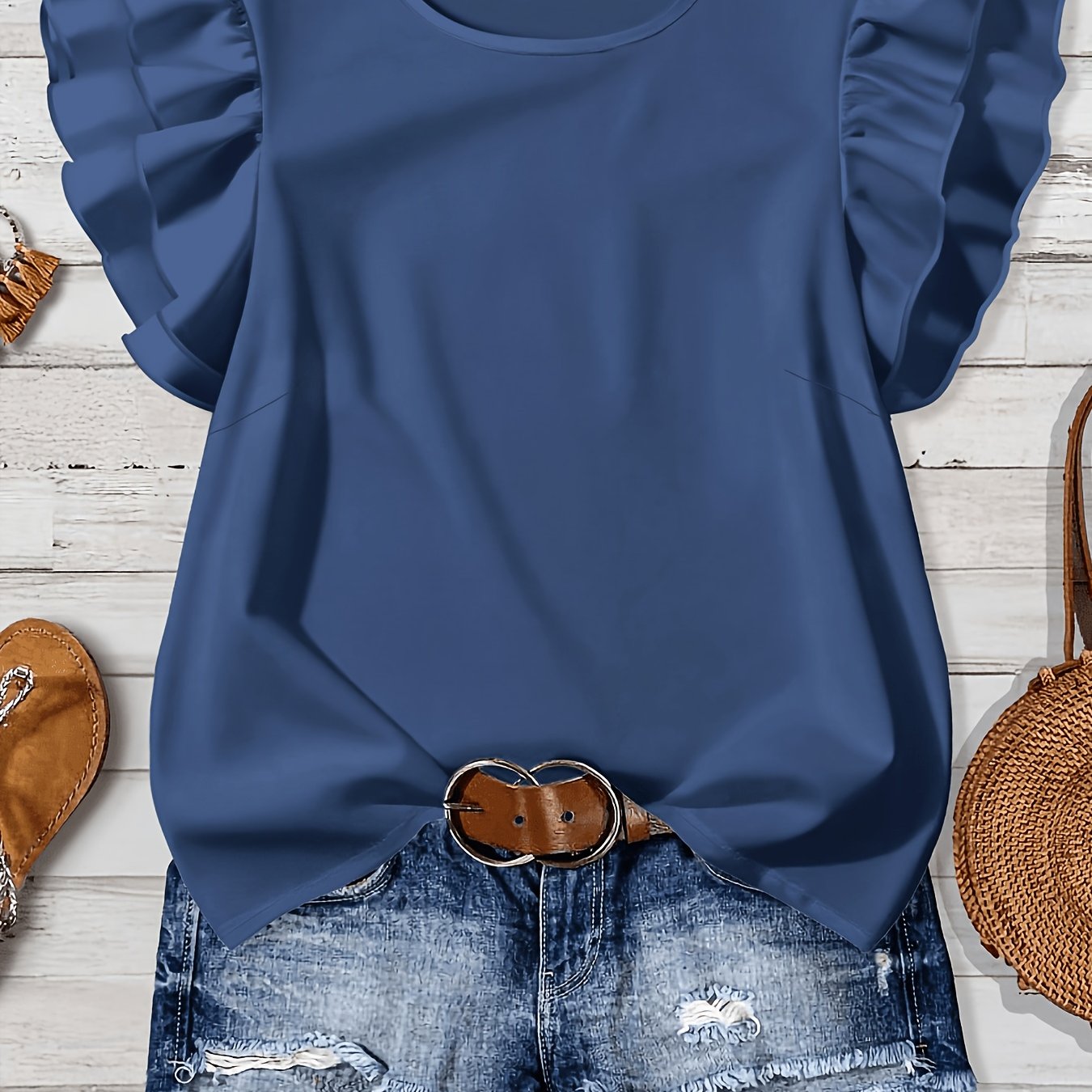 TEMU Plus Size Women's Clothing New Summer Women's Blouse Solid Round Neck Ladies Top