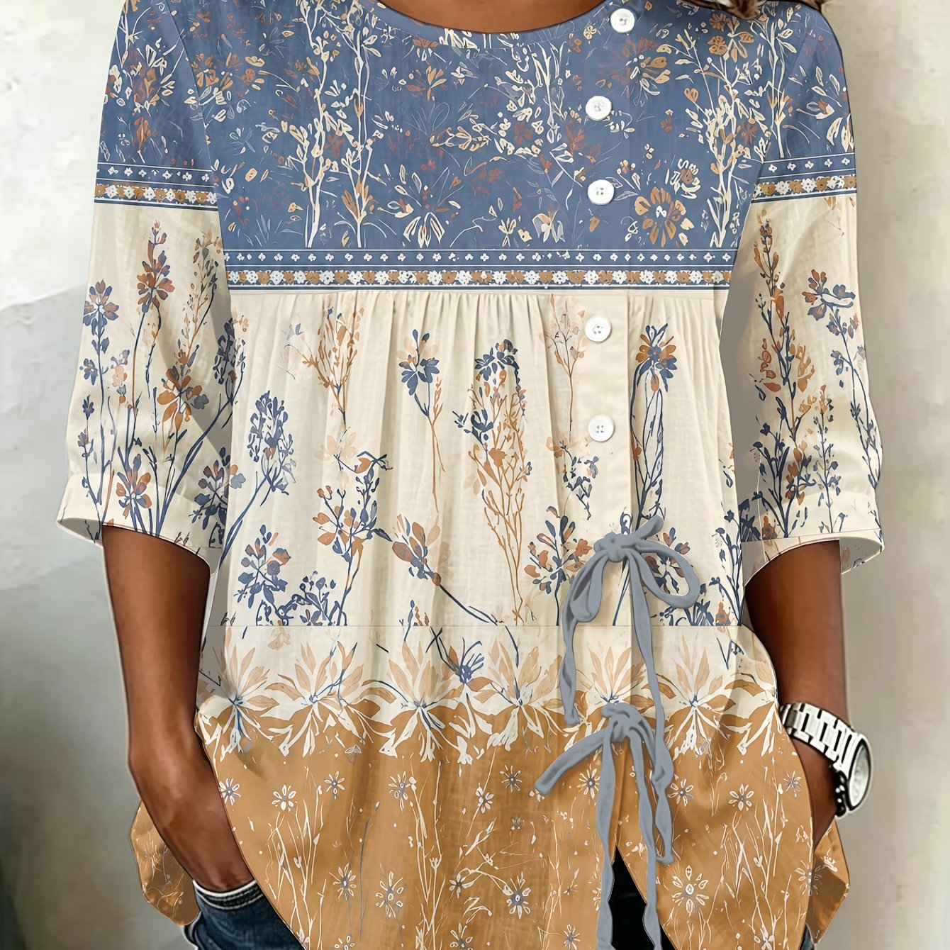 TEMU Plus Size - Bohemian Print Women's Plus Size Button- Blouse Extra Long Tee Essential For Spring Summer Trend High Quality Floral Pattern Durable