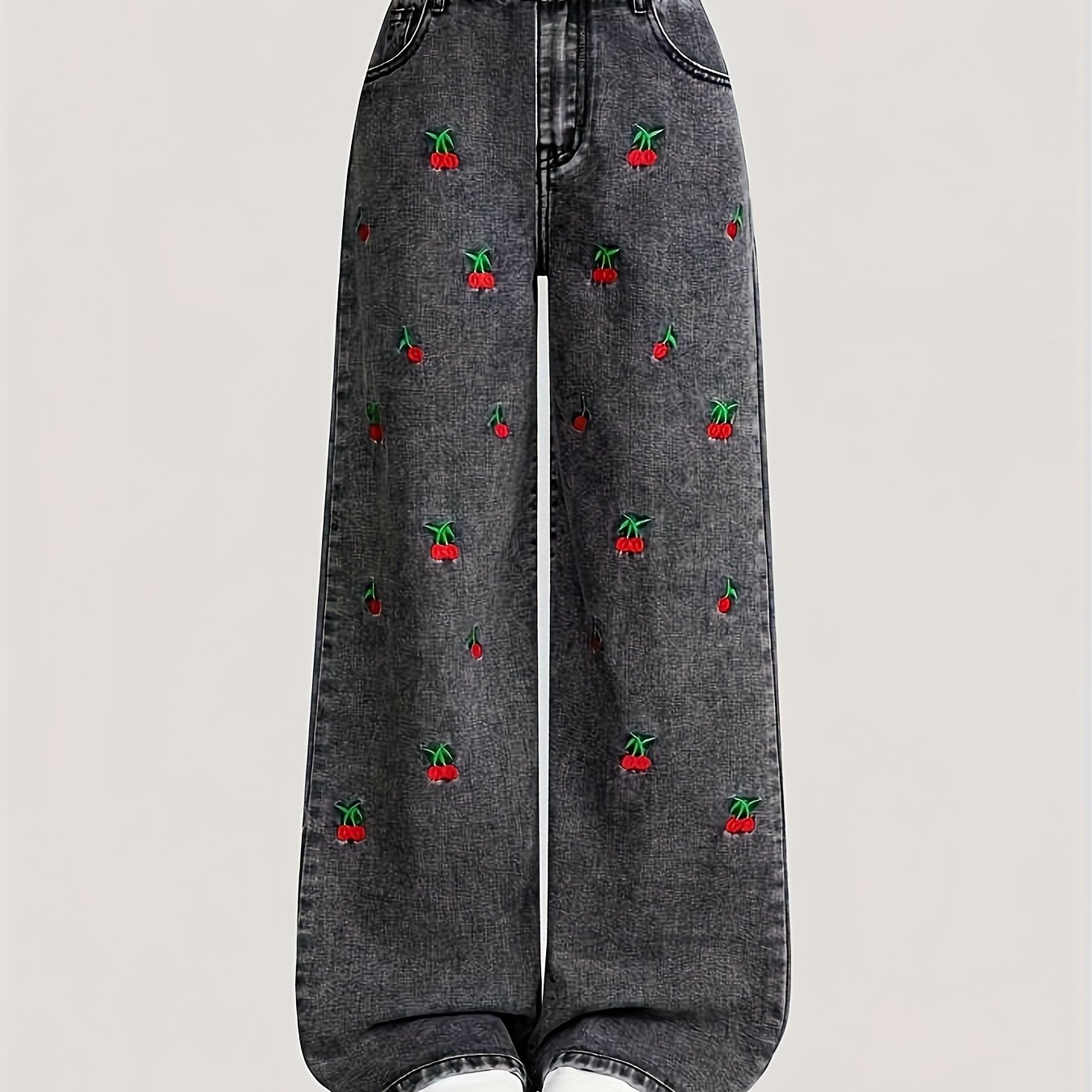 Image of Girls' Denim Denim - Girls' Black Denim Trousers, Side-, Convenient And Practical, Cherry Embroidery Detail, Girly , Suitable 5-15