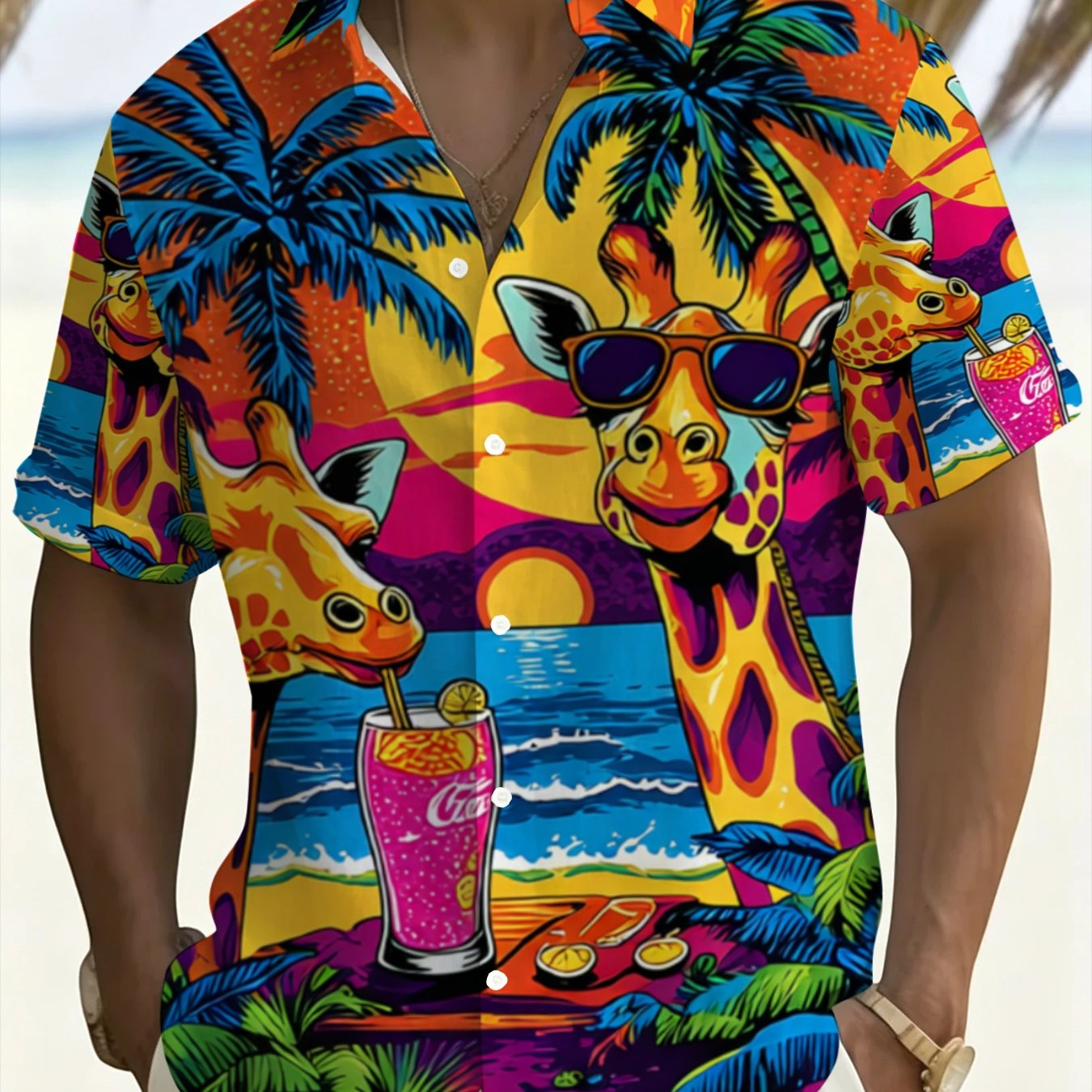 TEMU Tropical Plus Size Short Sleeve Shirt, Men's Vacation Casual Top, Tropical Plants Giraffe Pattern