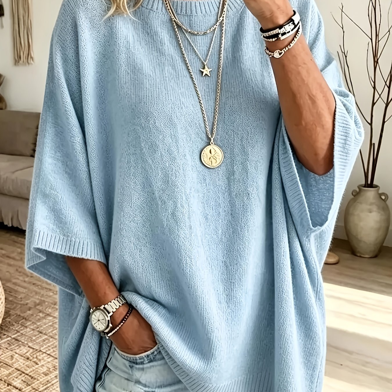 TEMU Plus Size - Plus Size - Women's Spring Autumn Elegant Casual Cute Sexy Middle Eastern Style Spring Autumn Solid Color Round Neck Bohemian Casual