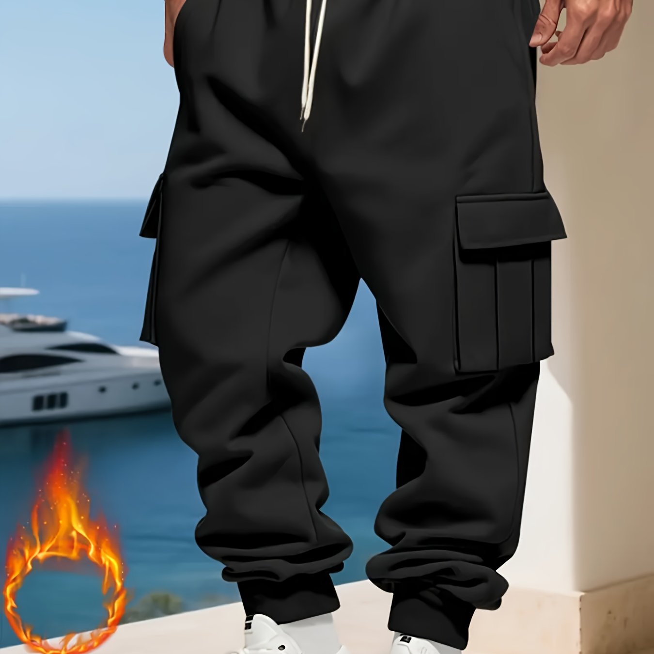 TEMU Joggers, Autumn-winter Fleece-lined Drawstring Overalls With Multiple Pockets, Sweatpants, Great Gift
