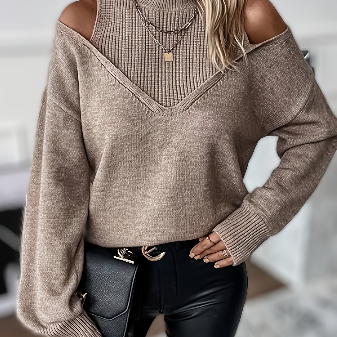 Women's Elegant Soft Comfortable High Neck Off-shoulder Long Sleeve Shirt