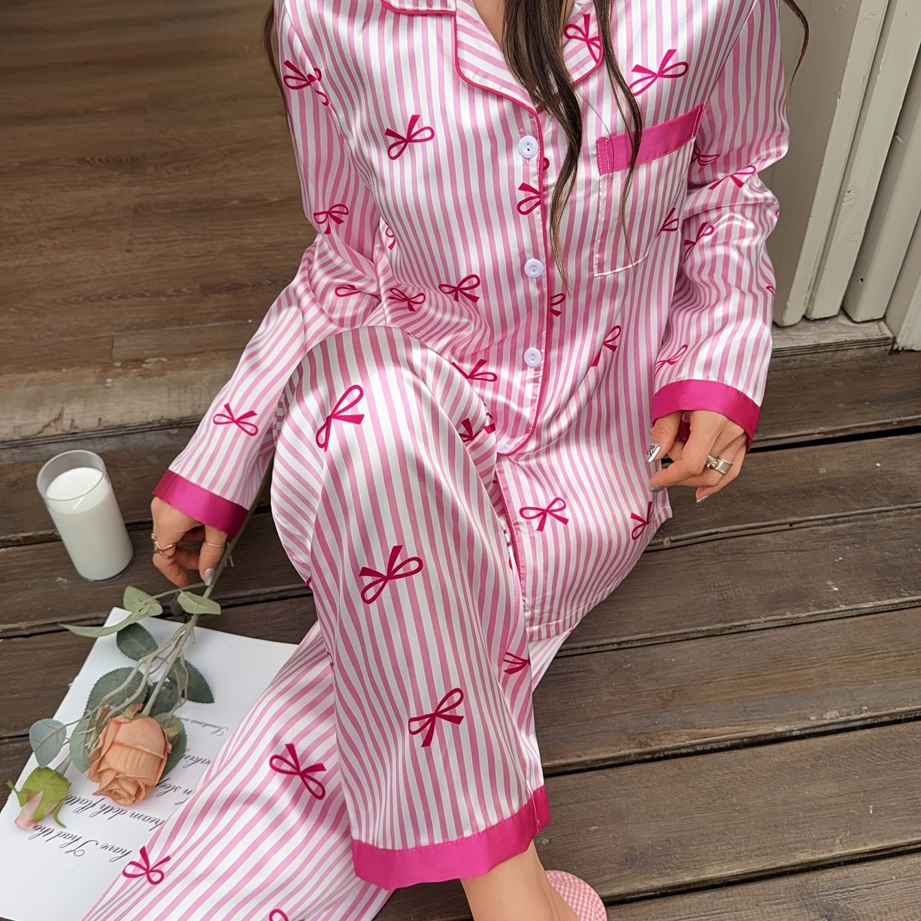 TEMU Set da donna con pantaloni a maniche lunghe a righe e stampa con