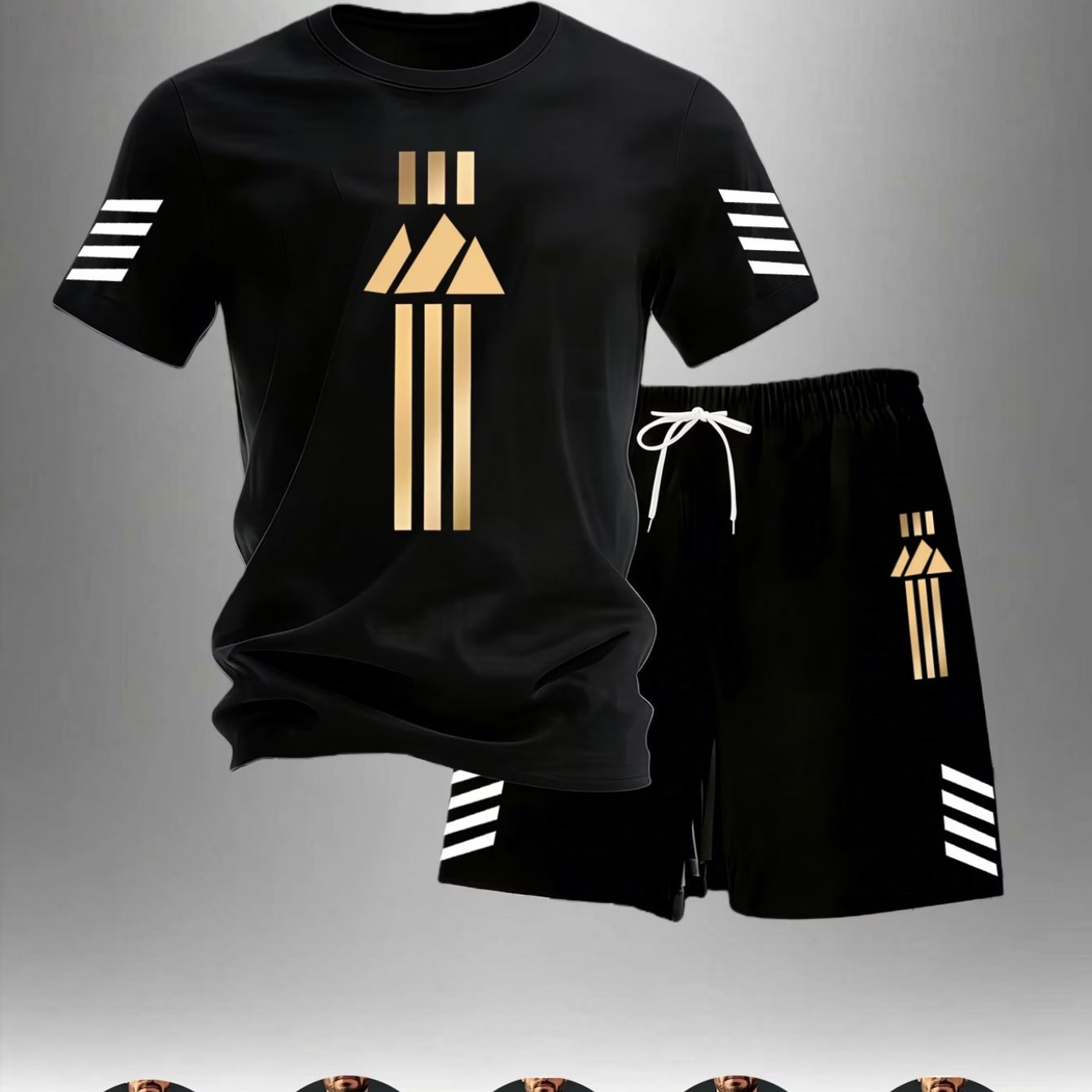TEMU Men's Golden Mountain Stripe Print Breathable Set, Quick-dry Short Sleeve And Shorts 2pcs Set, Summer Cool And Non-stuffy Casual Sportswear,