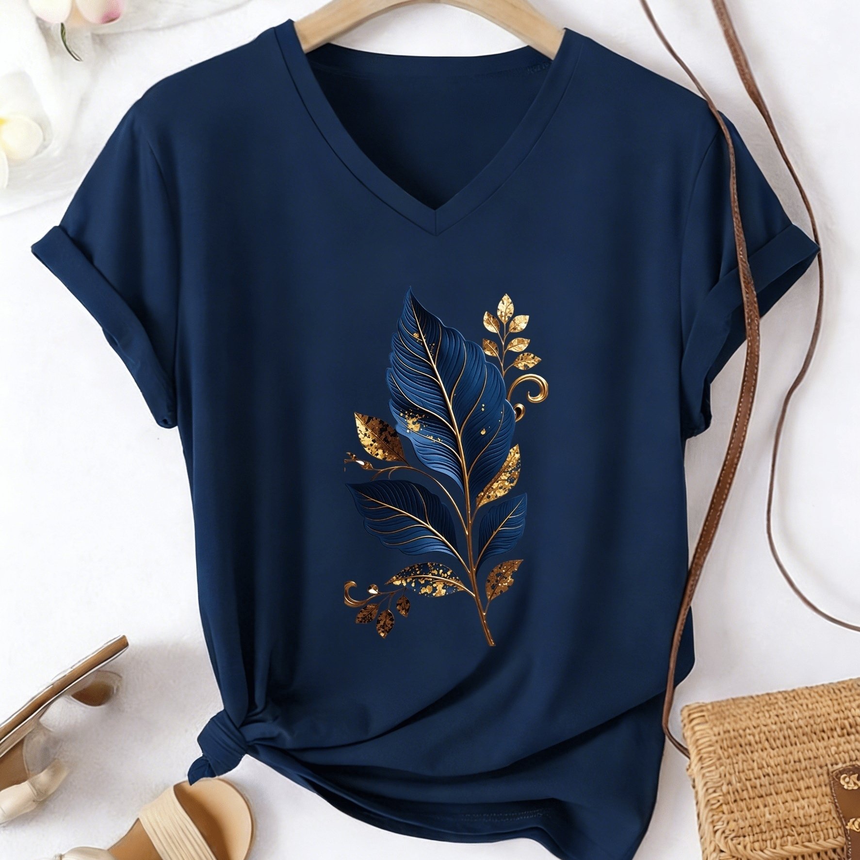 TEMU Women's V-neck Plant Leaf Print T-shirt, Spring/summer Lightweight Pullover, Daily Comfortable Versatile Casual Sporty Short-sleeve Top