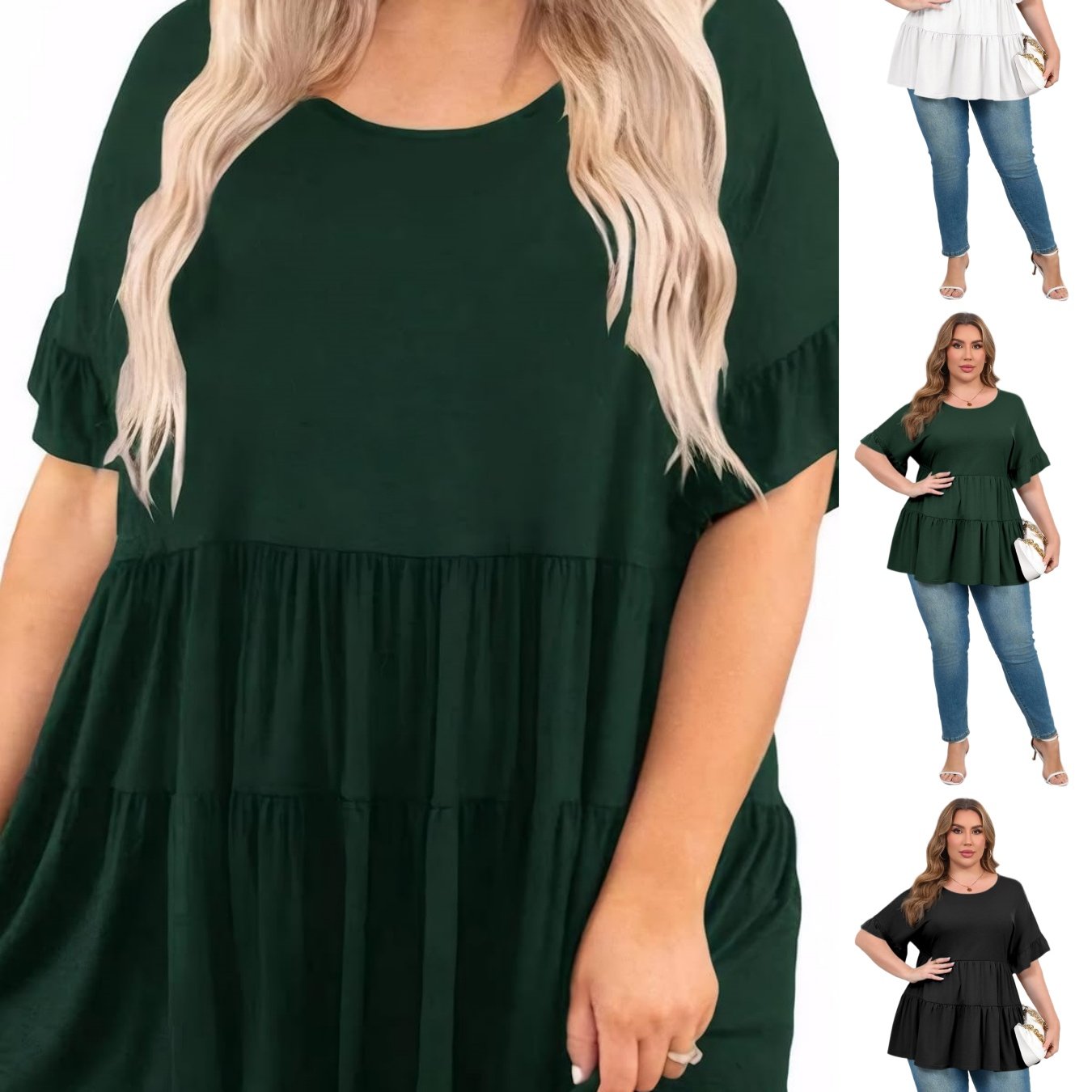 Image of Plus Size - Plus Size - Plus Size Babydoll Tops For Women, Featuring Short Sleeves And A Peplum Design, Perfect For Casual Summer Wear With A Loose Fit
