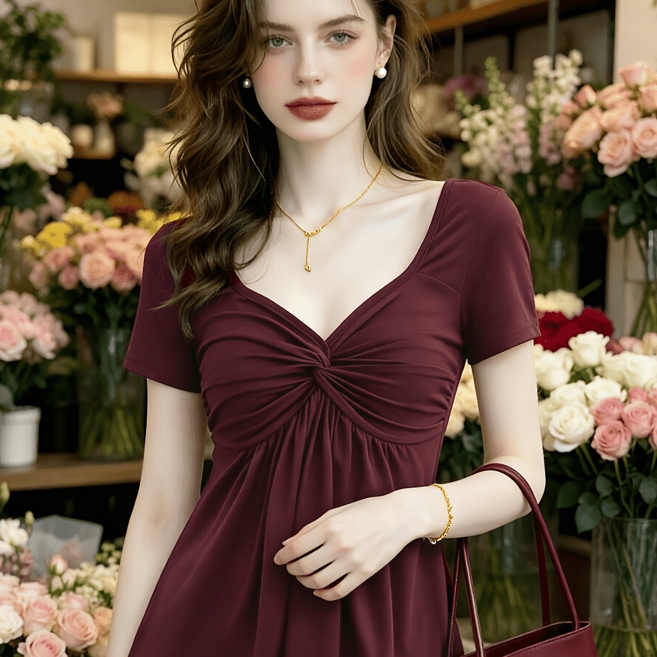 TEMU Vintage Women's Twist-front V-neck Short-sleeve Slim--cinching A-line Hem T-shirt, Elegant And Base Layer For Spring, Summer, And Fall, Suitable