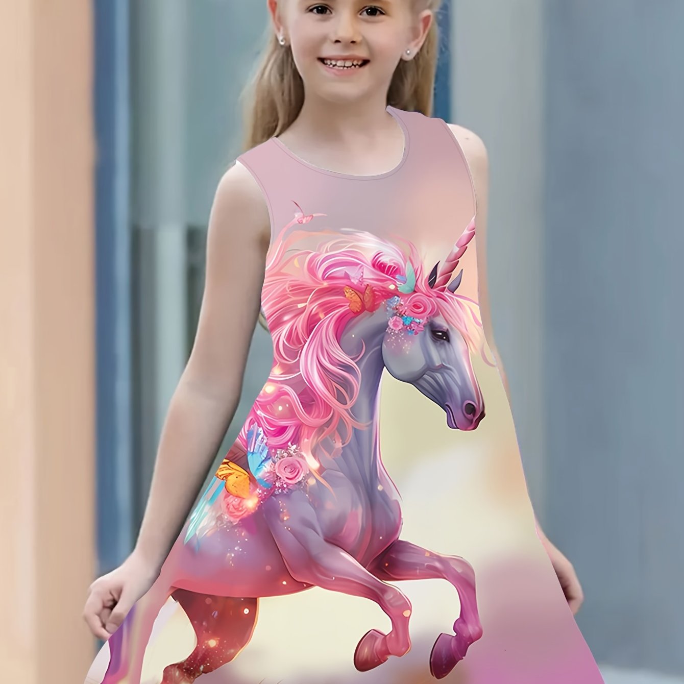 女の子用ユニコーンプリントノースリーブドレス カジュアルな夏用  