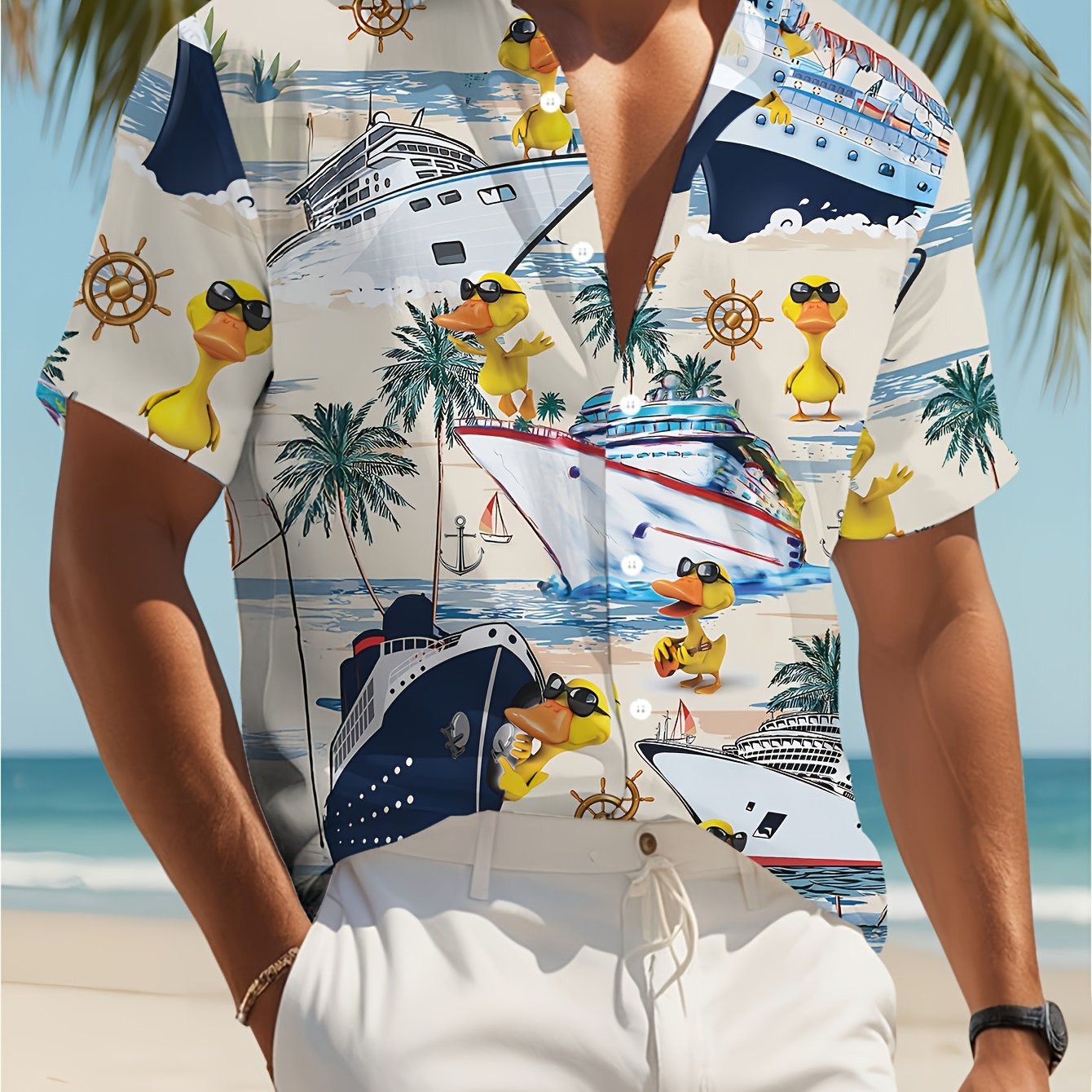 TEMU Men's Tropical Style 3d Shirt With Cartoon Duck, Palm Trees And Nautical Pattern, Breathable Summer Beach Vacation Short Sleeve Regular Fit