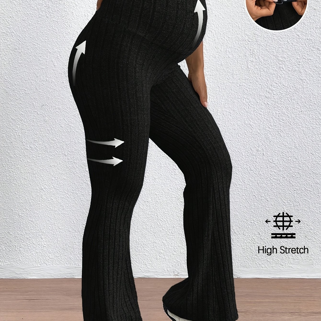 TEMU Adjustable Waist Flare Long Pants For Pregnant Women, Super High Waist, Slim Fit, Casual, Winter, Daily