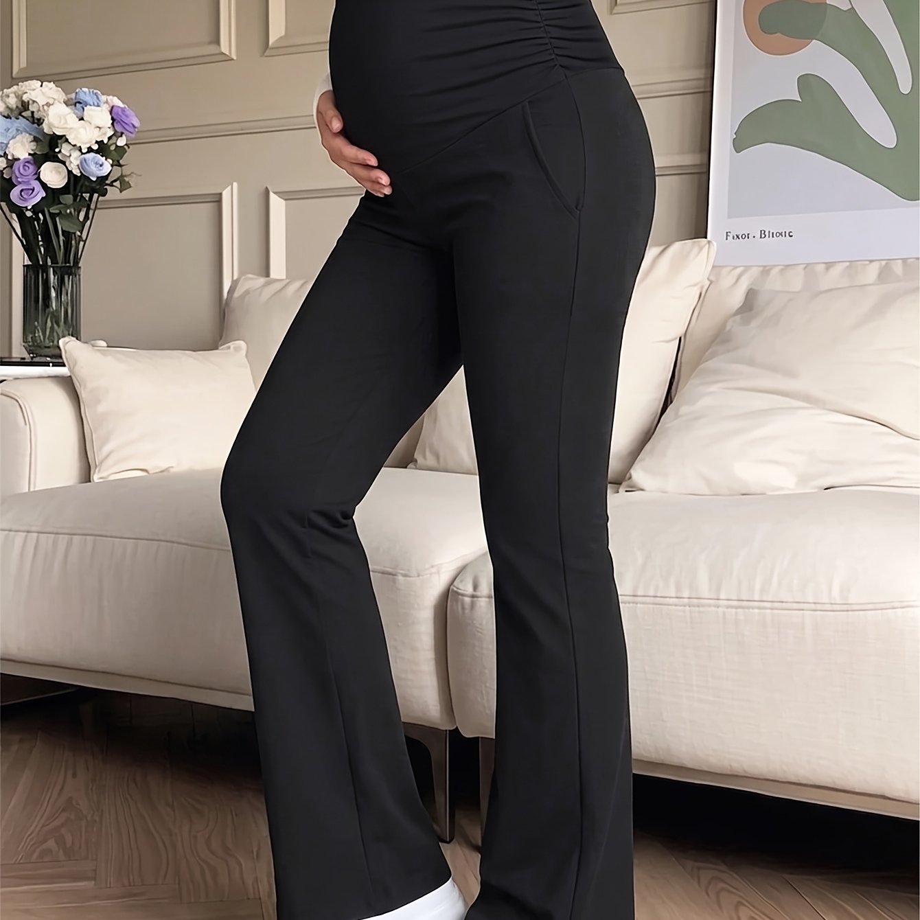 TEMU 1-pc Autumn Solid Color Maternity Tummy Control Flared Pants, -friendly Tummy Support Decompression Pants, Flared Pants For Early, Middle, And