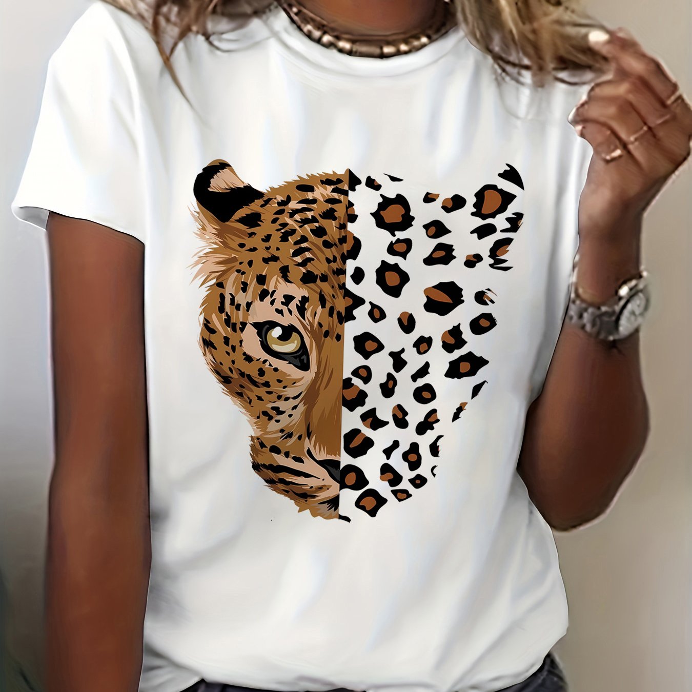 Women's Vintage Leopard & Tiger Animal Print T-shirt - Short Sleeve Crew Neck Casual Top, Medium Stretch Breathable Fabric, Machine Washable Summer & Spring Tee