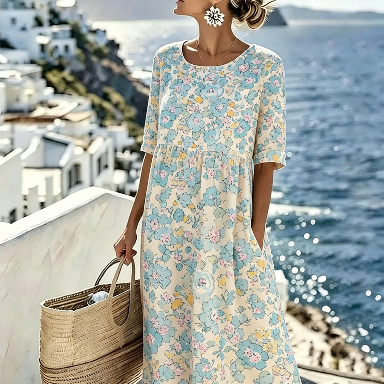Women's Cream Base Print 3/4 Sleeve Loose Midi Dress With Pockets, Casual Summer Beach & Vacation Dress