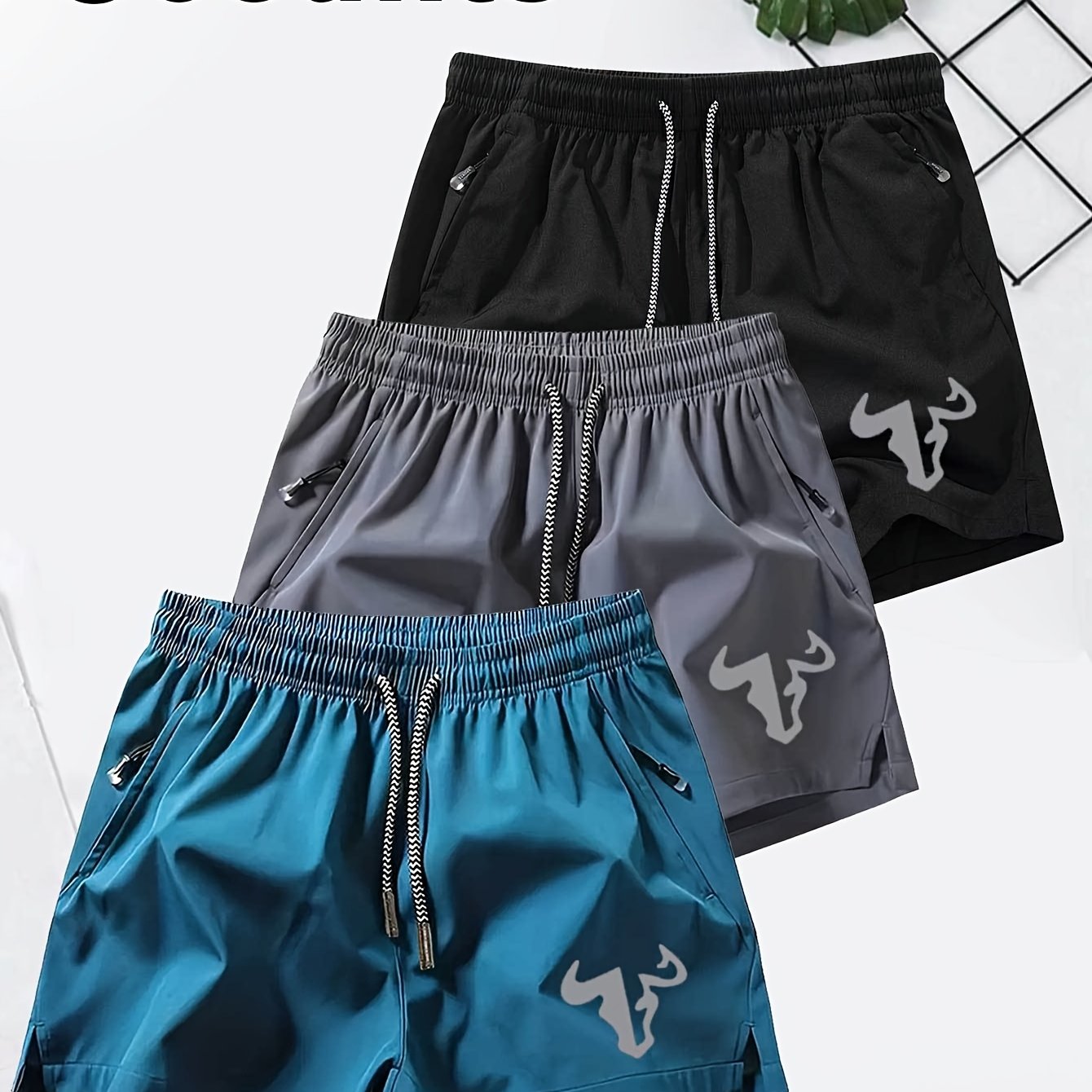 E-shop 3er-Pack Herren Freizeit-Trainings-Sportshorts mit Kordelzug, einfarbig, modischem Aufdruck schnelltrocknend