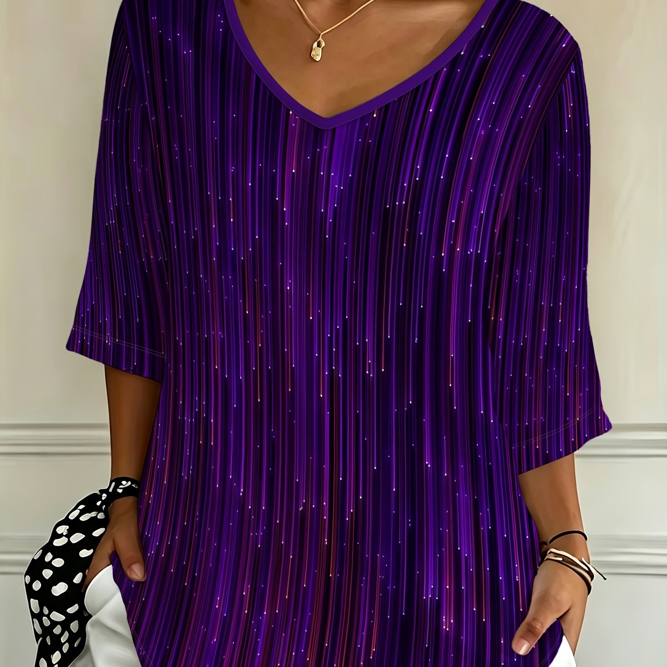 TEMU Plus Size - Casual Fashion Summer Autumn New Women's Plus Size Loose Abstract Starry Sky Striped Printed Three-quarter Sleeve V-neck T-shirt Top