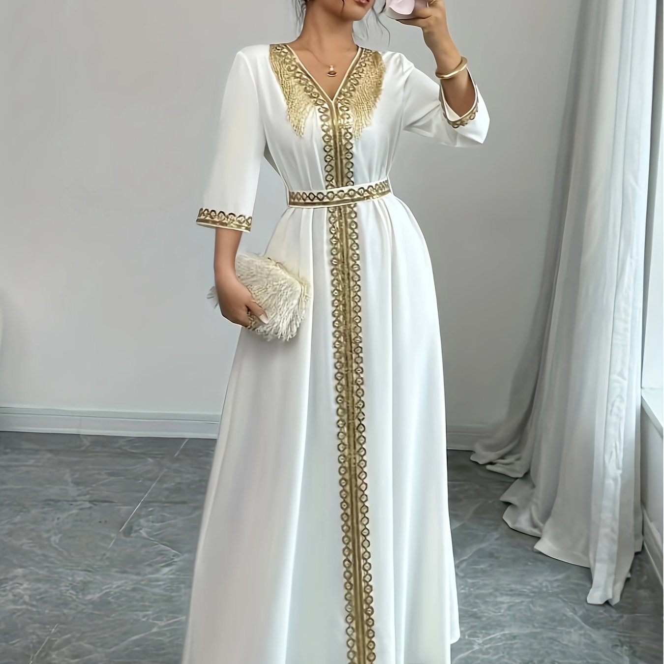 E-shop Retro-Farbblock-Stich V-Ausschnitt Kleid
