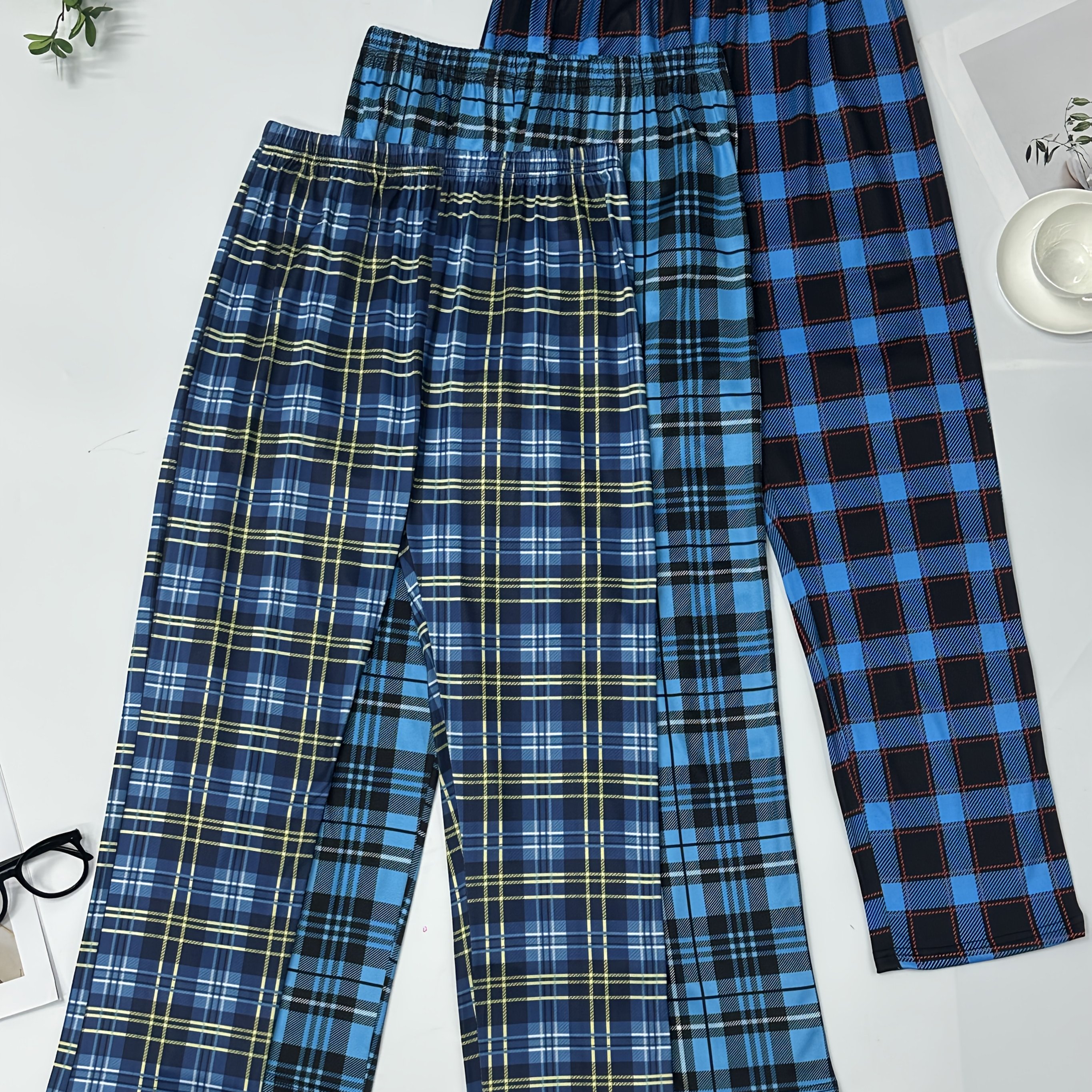 3pcs Spring/summer Men's Plaid Pajama Pants, Comfortable Elastic Waist, Suitable For Wearing Outdoors