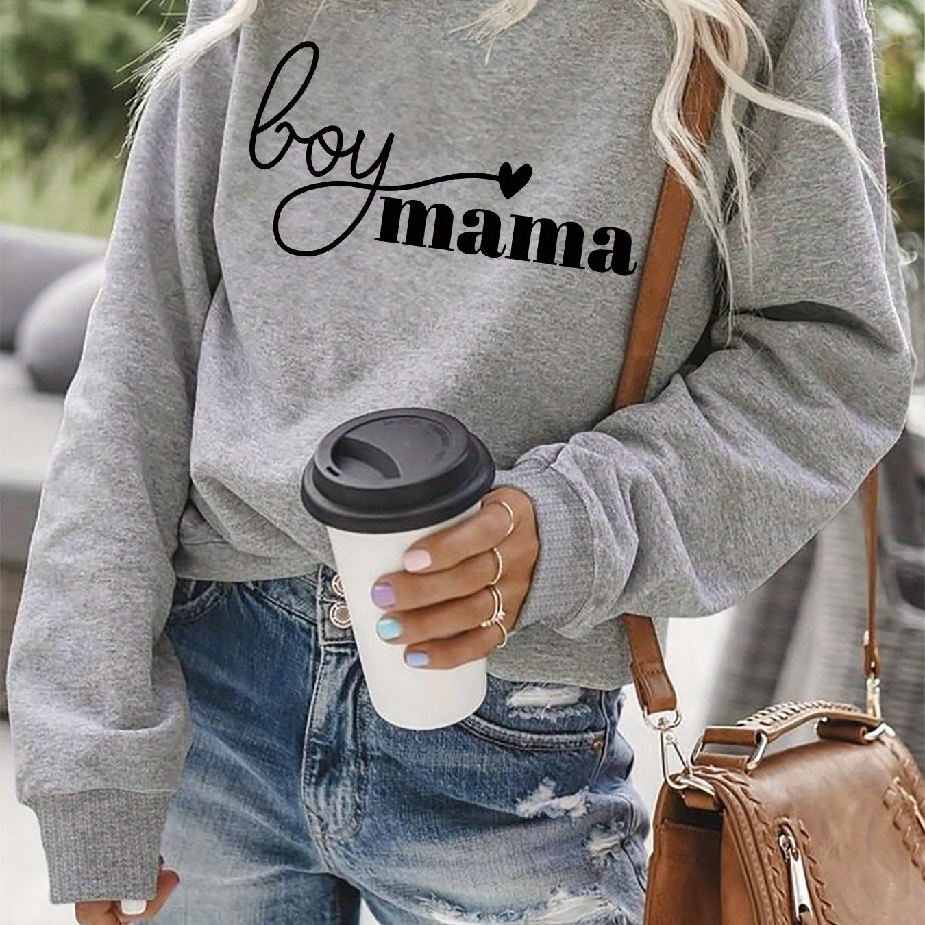 Women's Mama Letter Print Crew Neck Sweatshirt - Casual Long Sleeve Pullover With Heart Accents, Relaxed Fit, Machine Washable, Spring & Fall Essential, Cute Sweatshirts, Soft Fabric